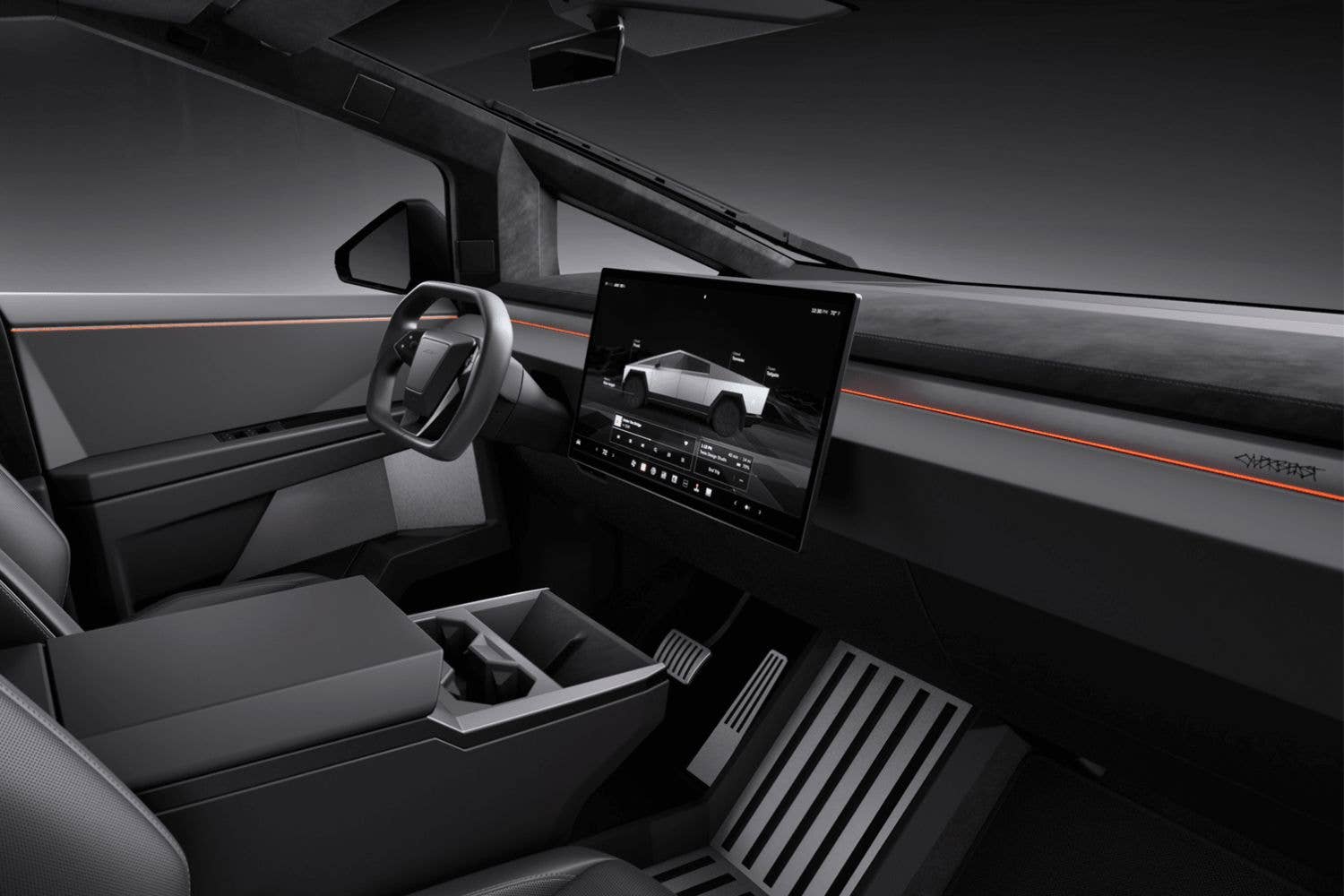 2026 Tesla Cybertruck black interior front cabin
