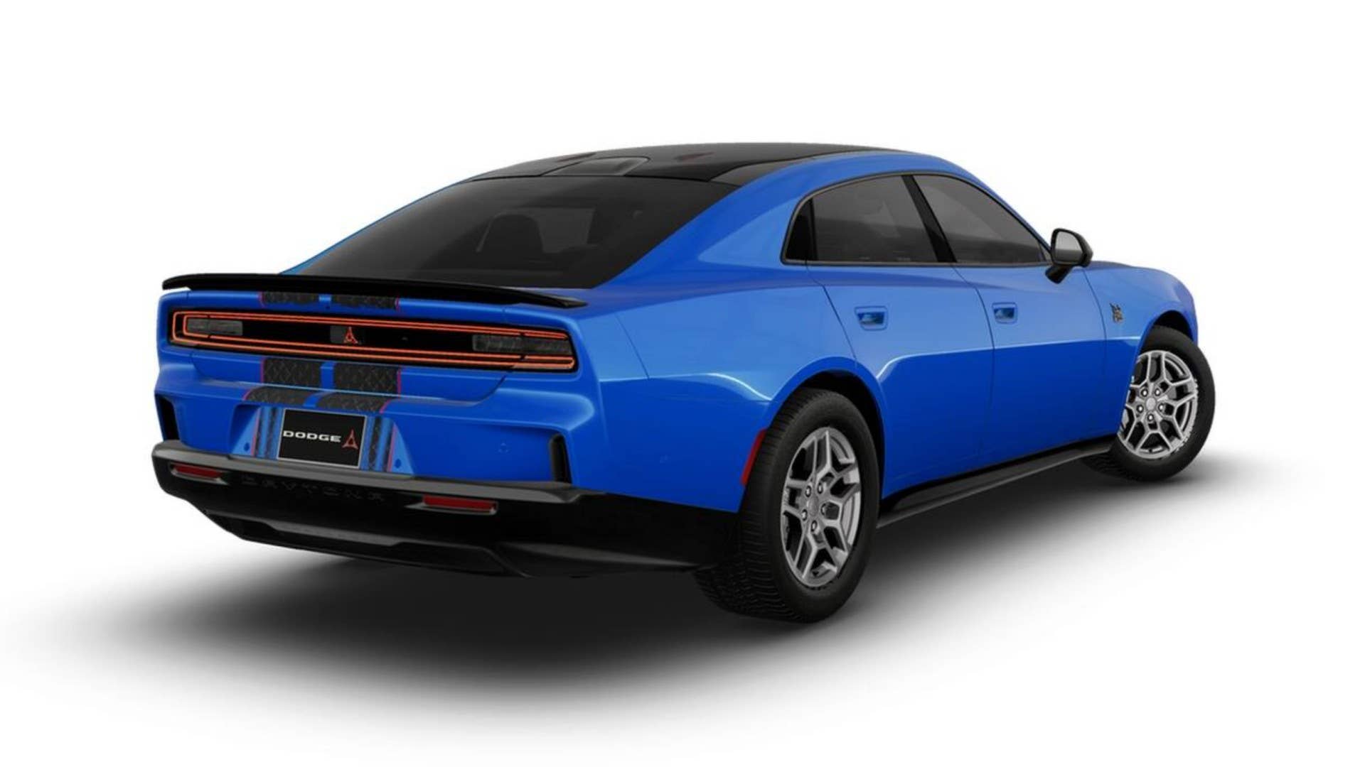 2026 Dodge Charger Daytona Scat Pack Plus 4-door blue rear angled view