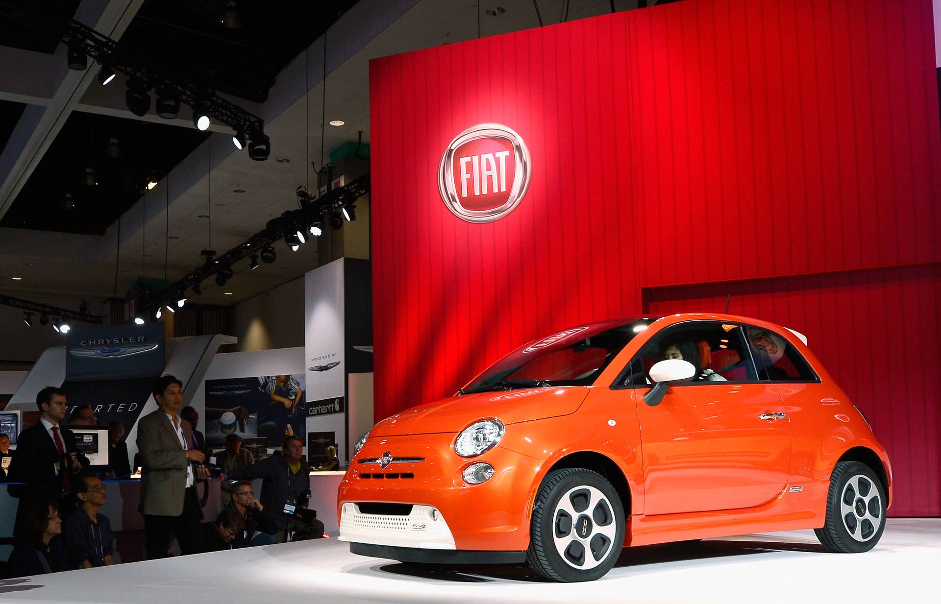 The Fiat 500e electric car unveiled during the Los Angeles Auto show on November 28, 2012