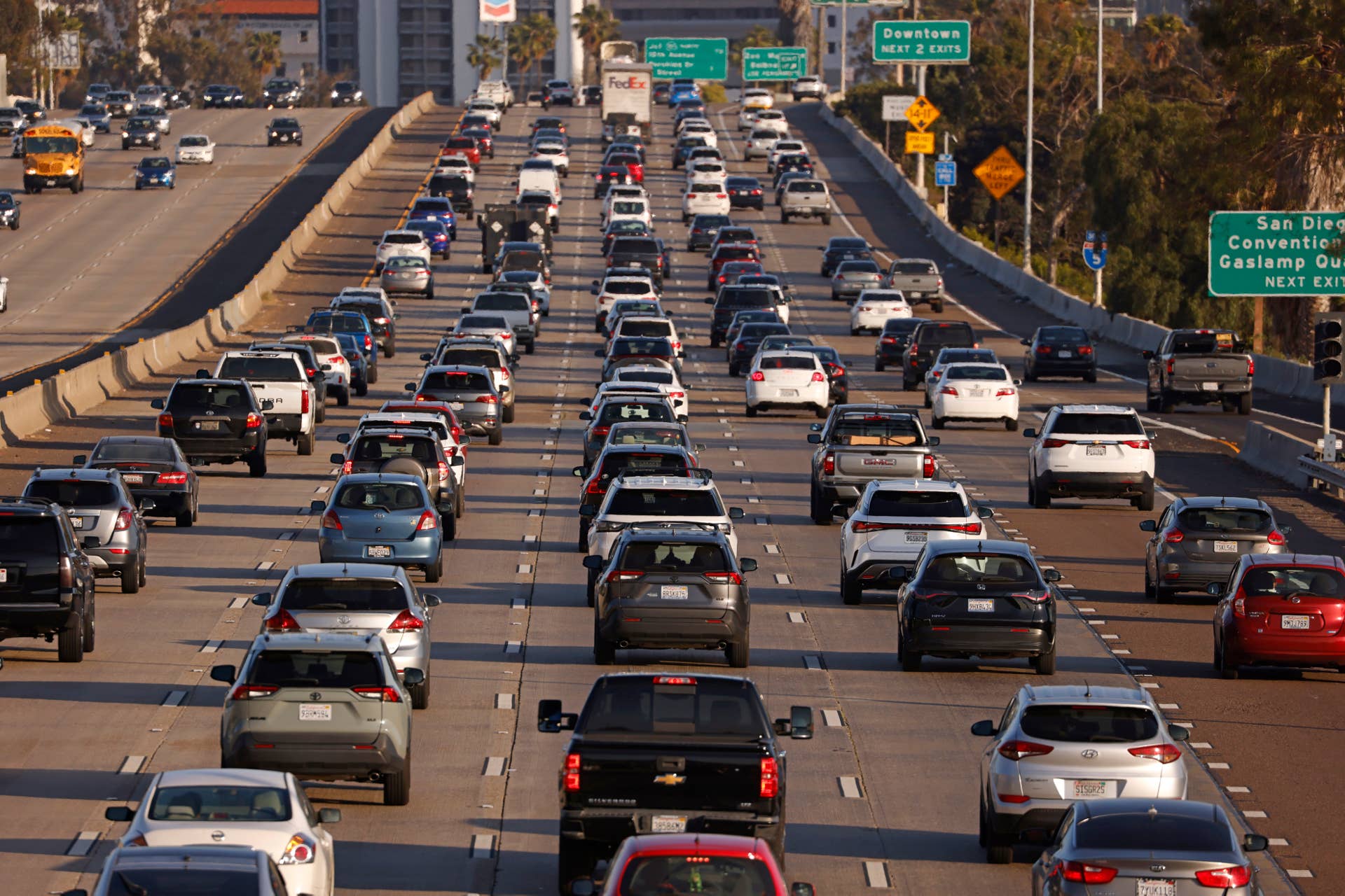 SAN DIEGO, CALIFORNIA - APRIL 8: Traffic backs up on southbound Interstate 5 heading into downtown San Diego during the afternoon rush hour on April 8, 2025 in San Diego, California. (Photo by Kevin Carter/Getty Images)