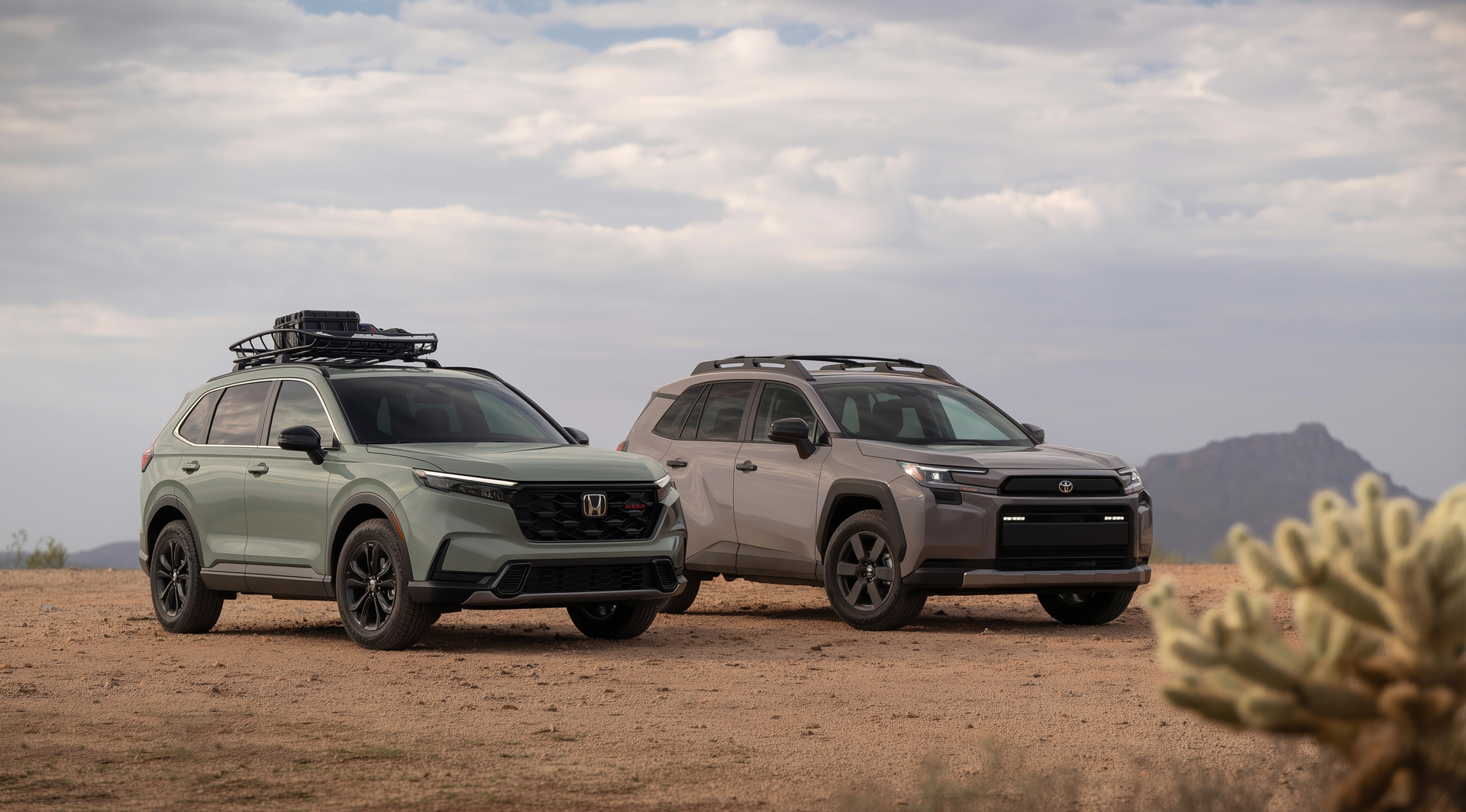 2026 Toyota RAV4 Hybrid Woodland and Honda CR-V TrailSport Hybrid parked side by side