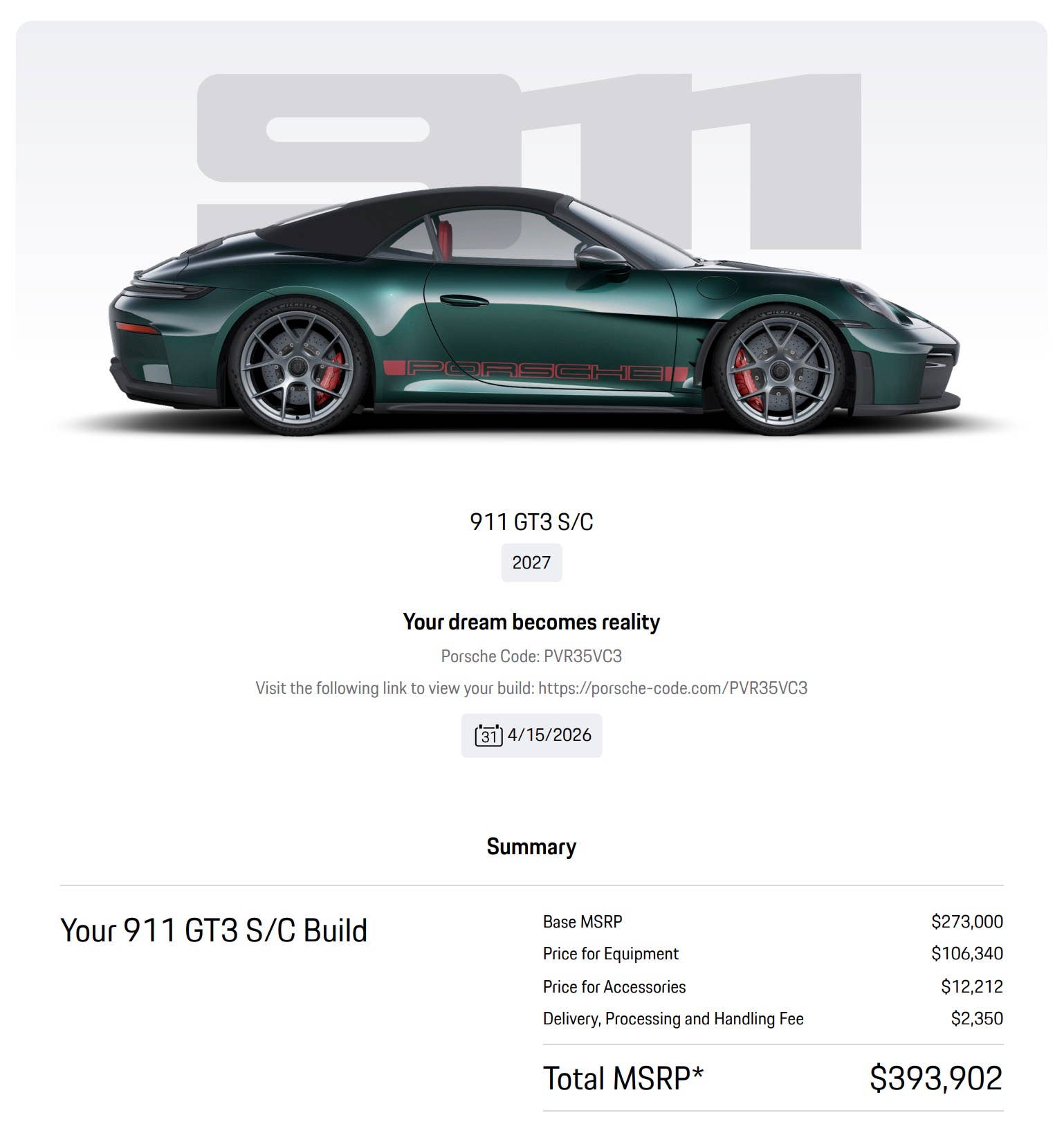2027 Porsche 911 GT3 S/C build shee
