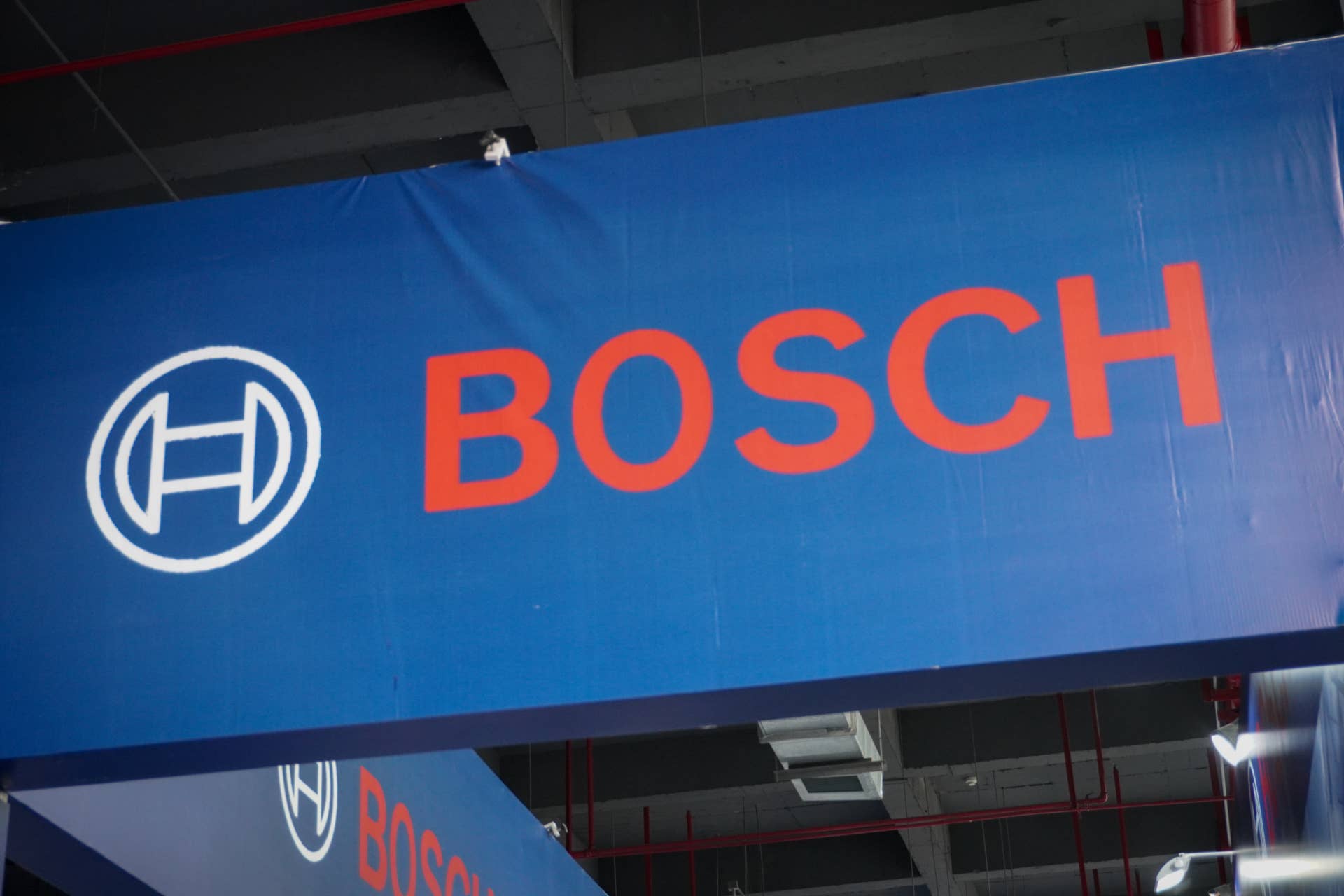 CHANGZHOU, JIANGSU, CHINA - A close-up of the BOSCH logo on a blue exhibition banner at the Changzhou International Industrial Equipment Expo