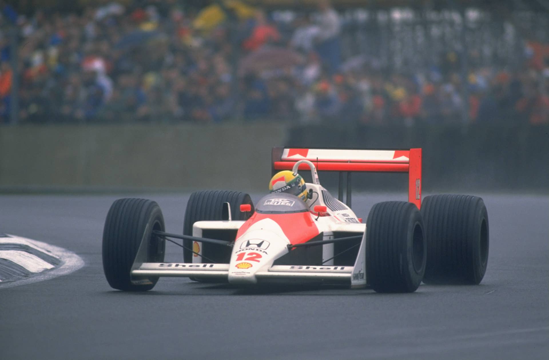 Ayrton Senna drives McLaren MP4/4 with Honda RA168E V6 turbo