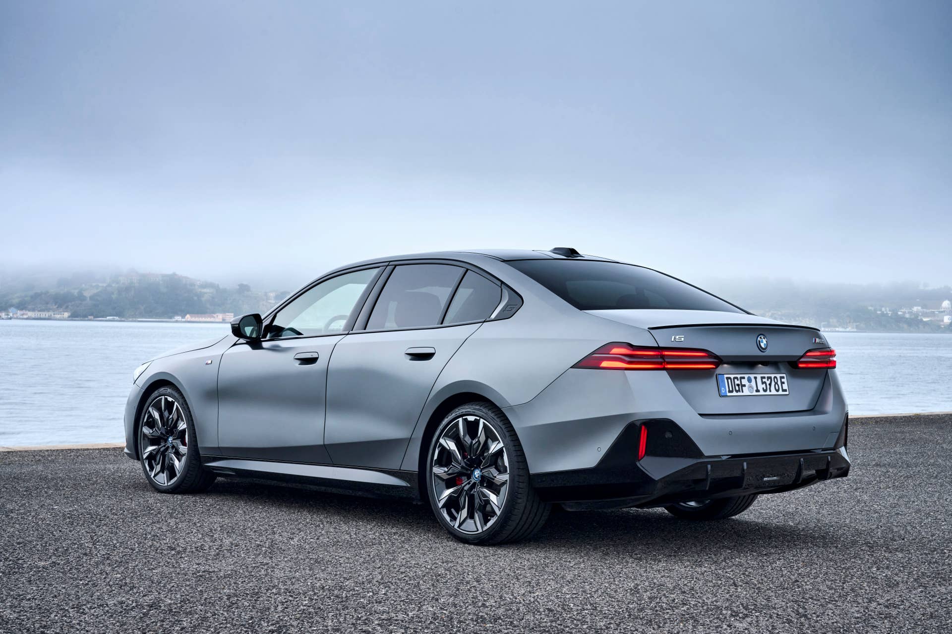 2025-2026 BMW i5 M60 in silver rear angled view