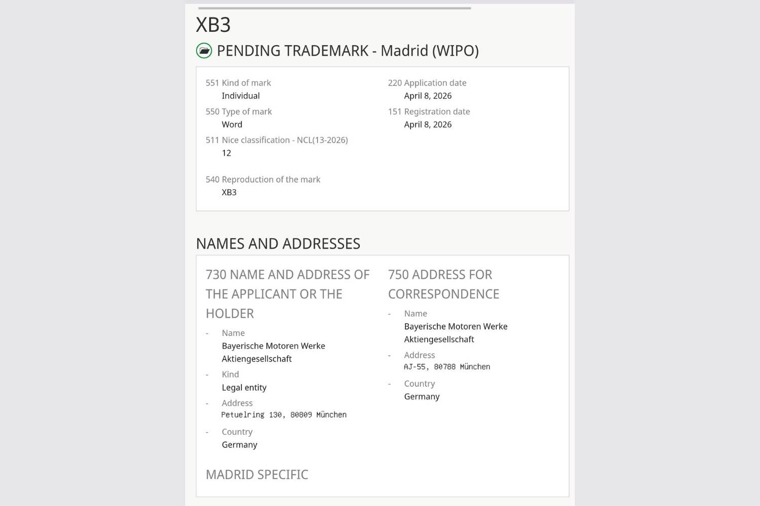 BMW Alpina XB3 Trademark Registration