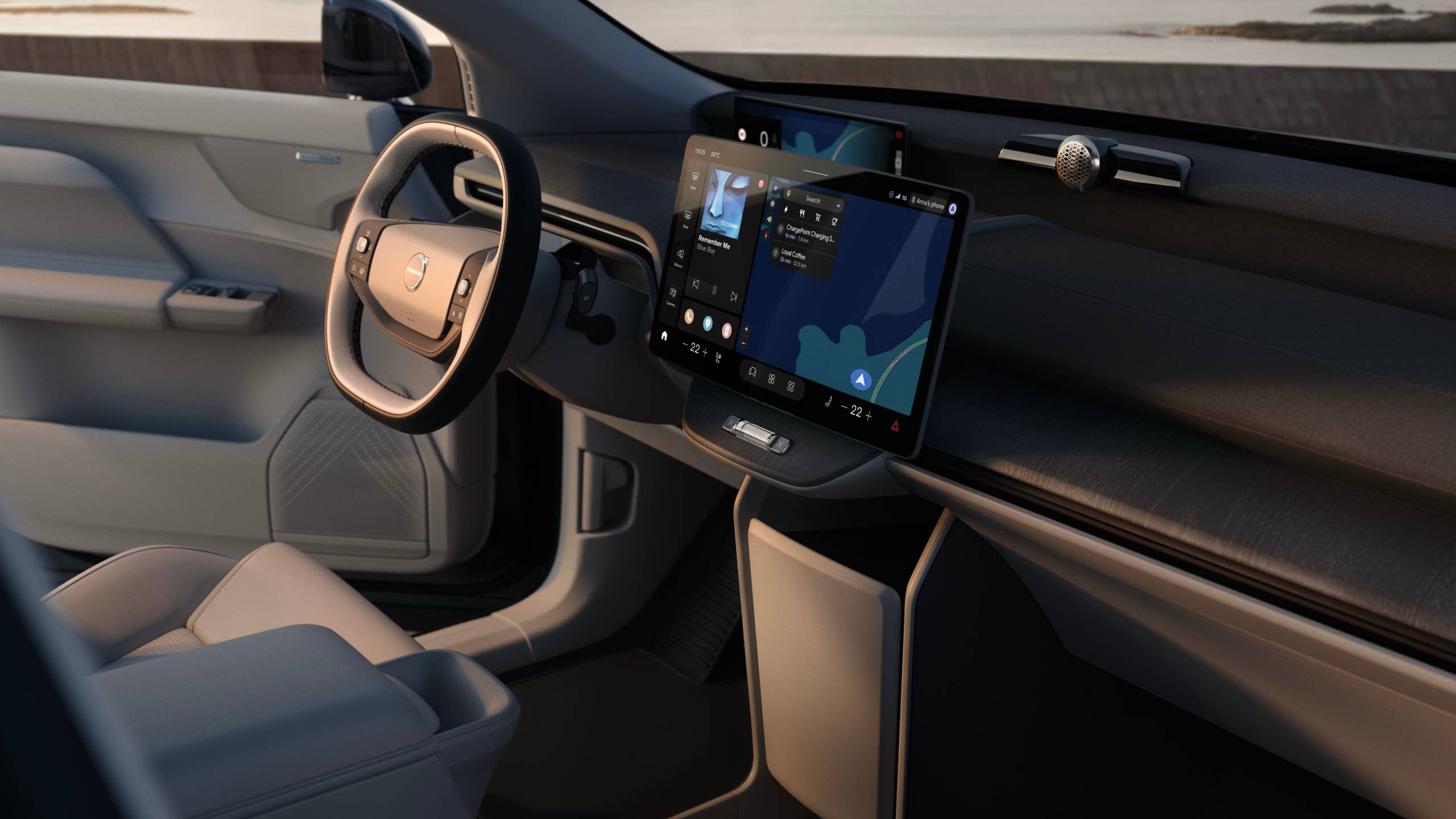 لوحة قيادة Volvo EX60 2027 من زاوية جانبية مع شاشة مركزية