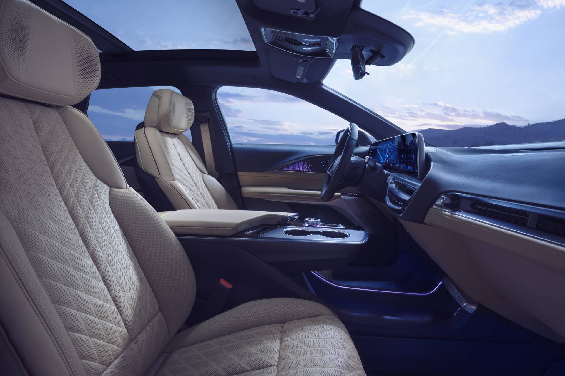 2025 Cadillac Lyriq beige interior front cabin side view