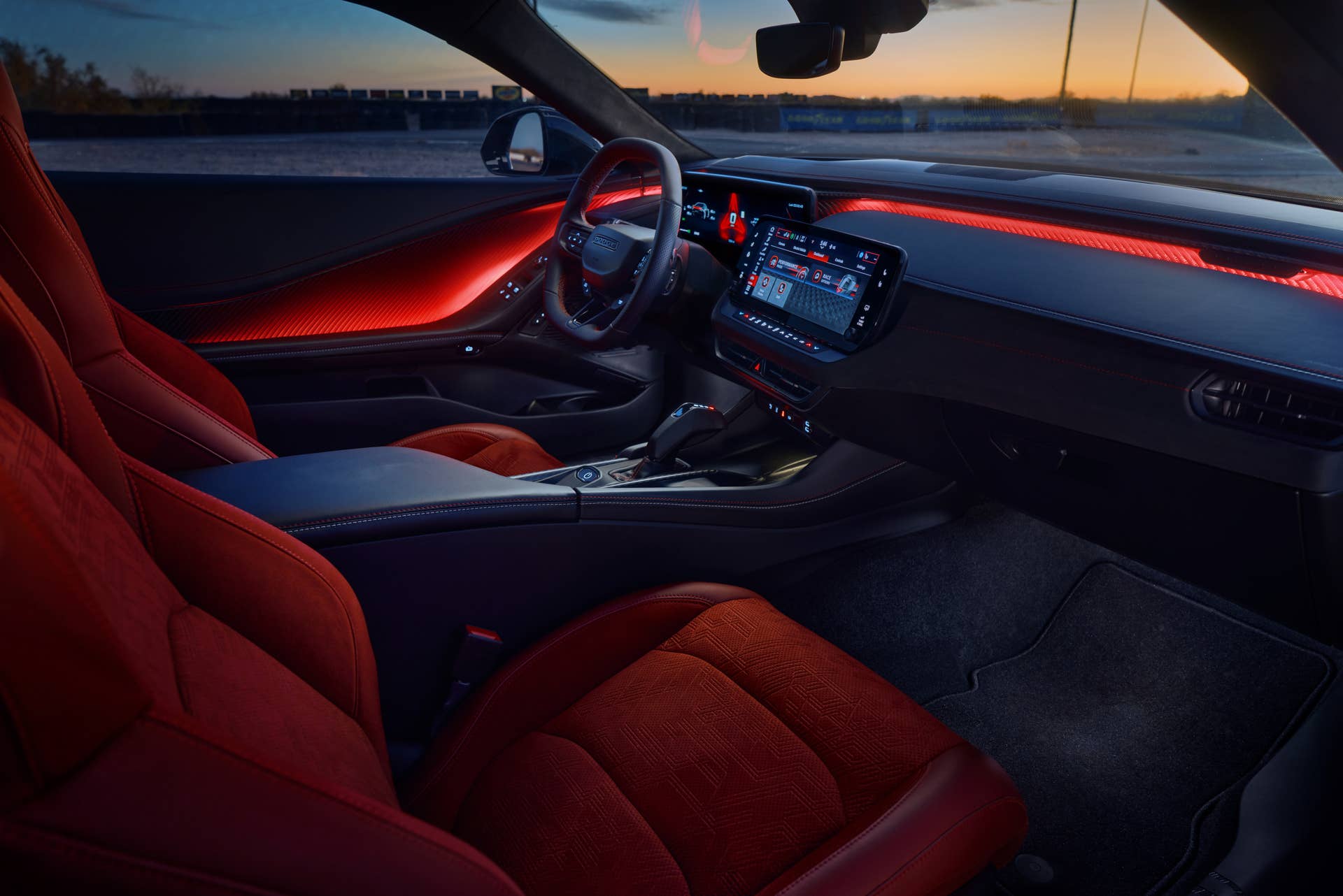 2025-2026 Dodge Charger Daytona EV Scat Pack black and Demonic Red interior front cabin side view