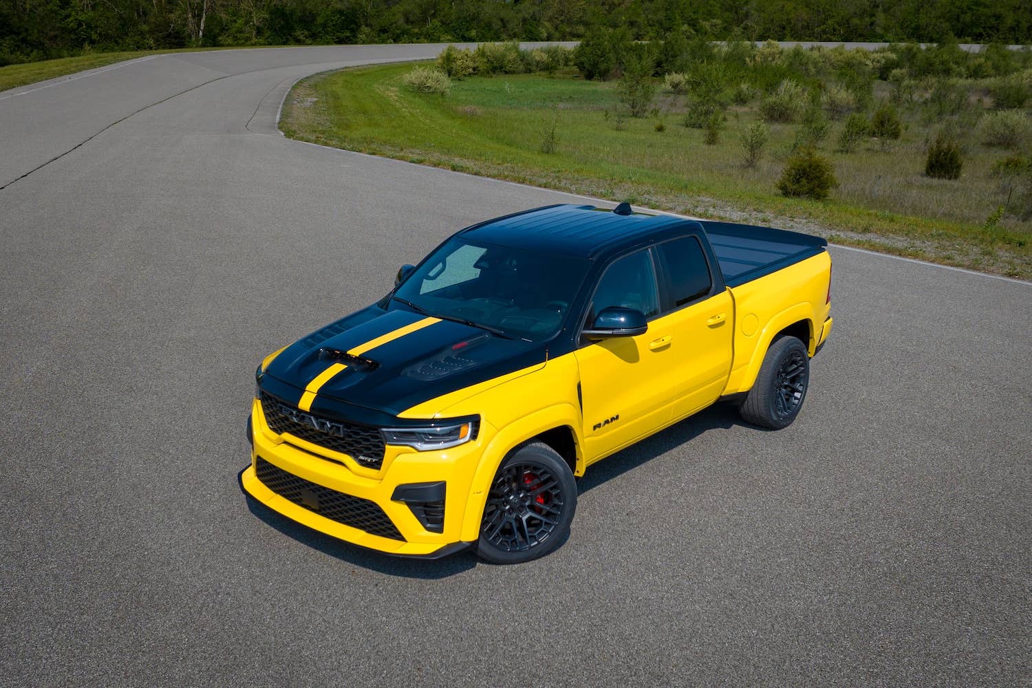 2027 Ram 1500 Rumble Bee SRT yellow and black overhead front angled view