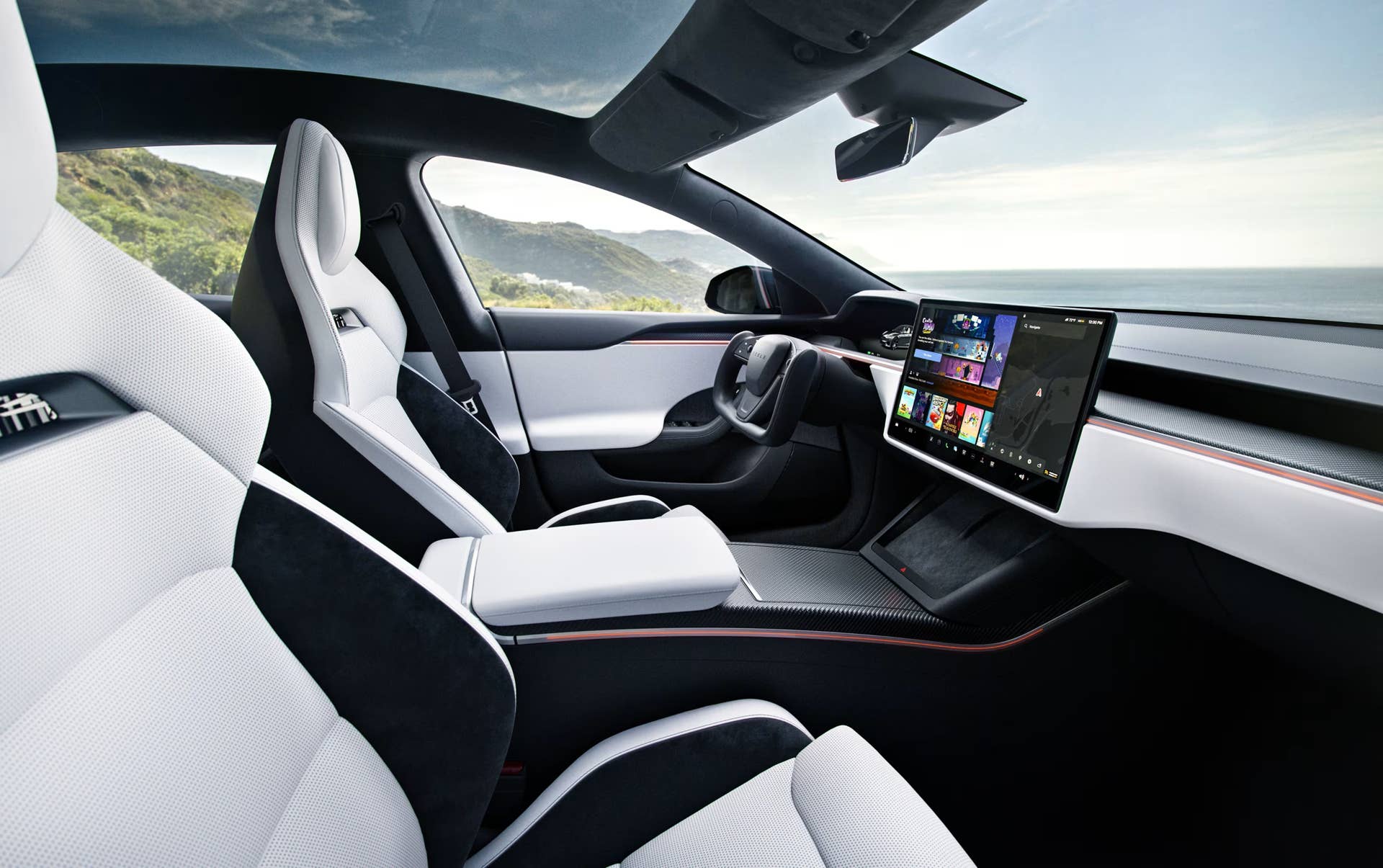 2026 Tesla Model S black white interior front cabin