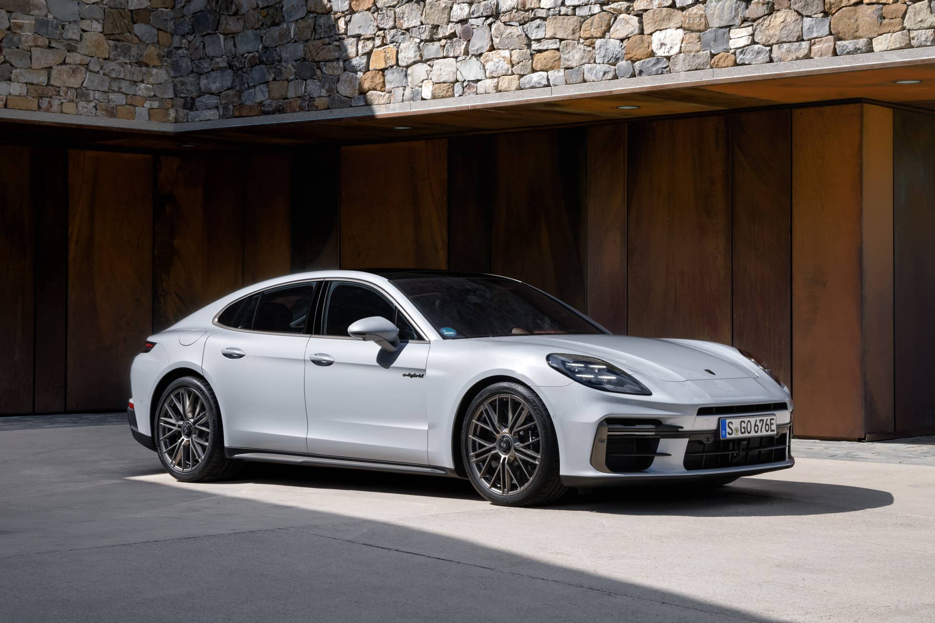 2026 Porsche Panamera Turbo S E-Hybrid silver front angled view