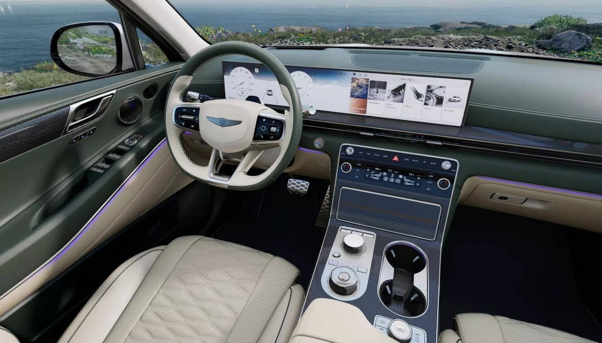 2025-2026 Genesis GV80 Coupe Smoky Green with Vanilla Beige interior front cabin