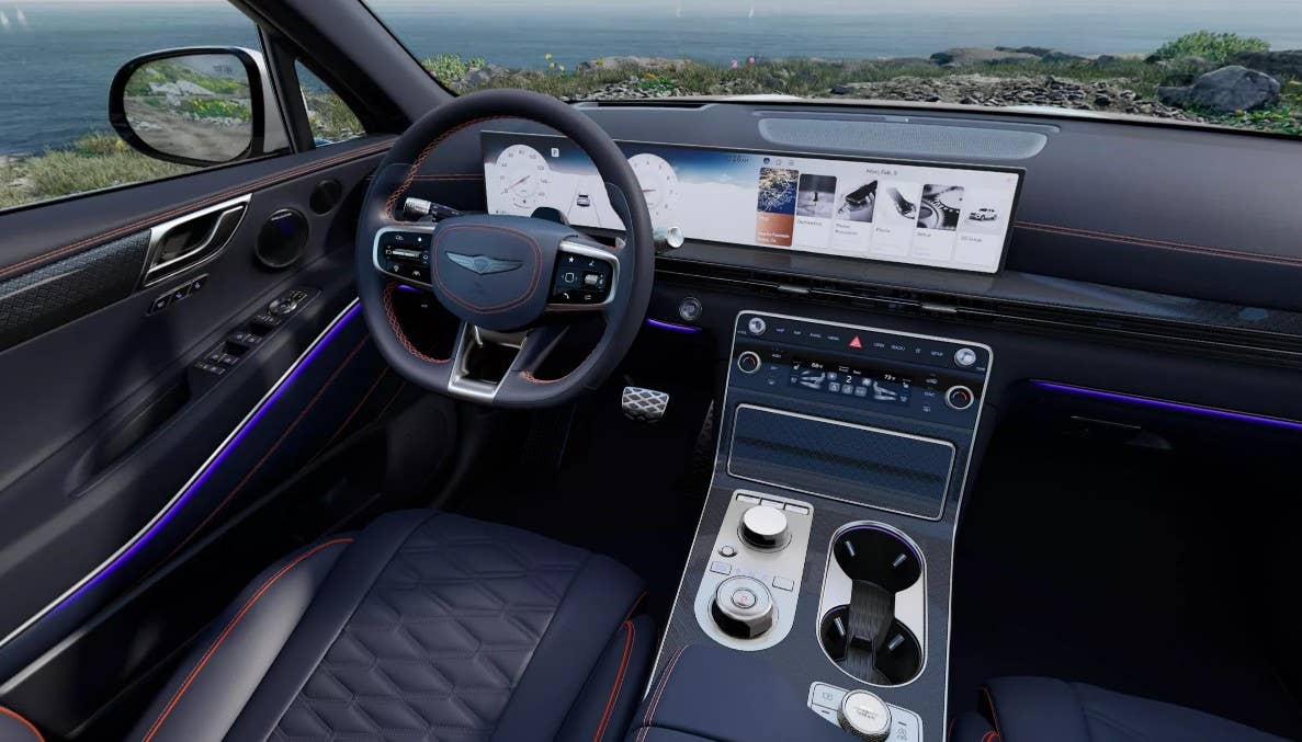 2025-2026 Genesis GV80 Coupe Ultramarine Blue with Orange Stitch interior front cabin