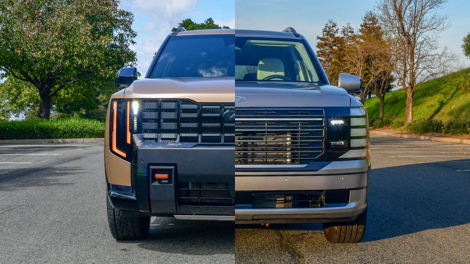 The front ends of the new Hyundai Palisade and Kia Telluride