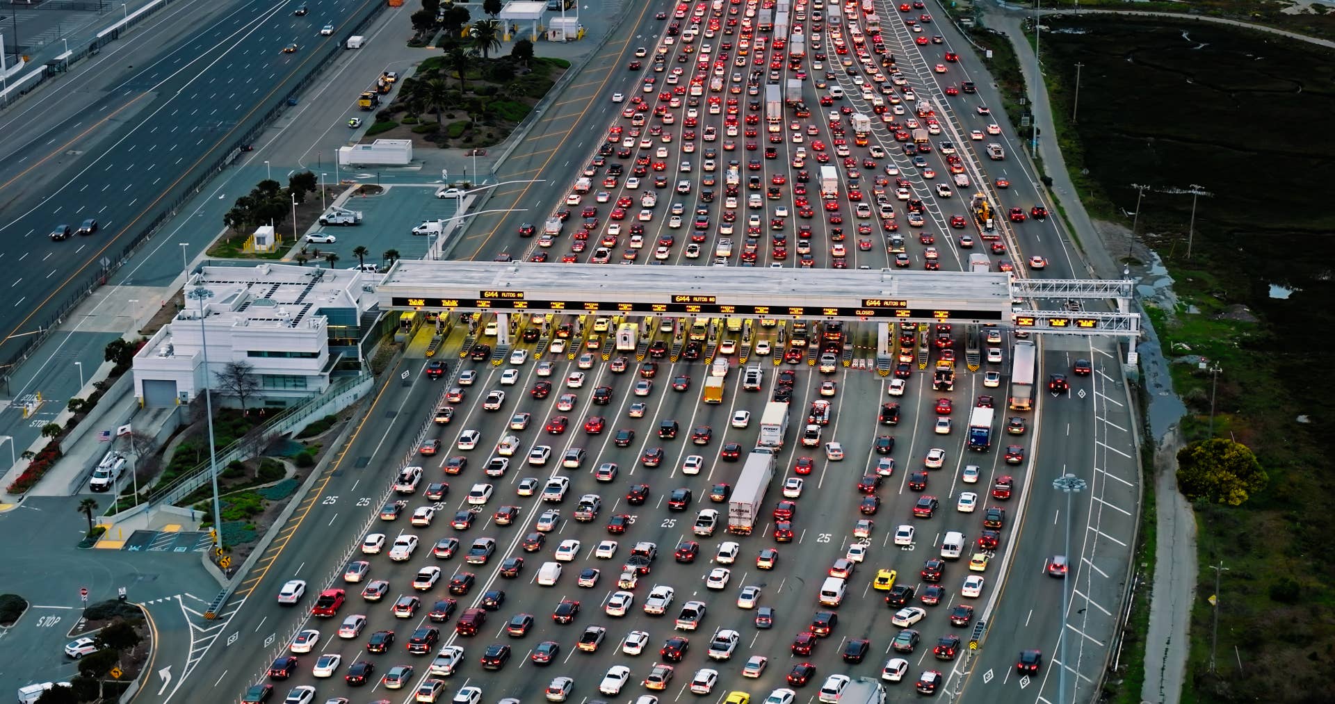Aerial shot of Bay Bridge Toll Plaza early in the morning.