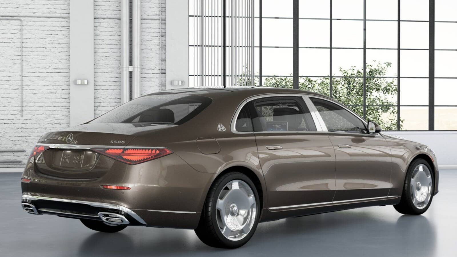 2026 Mercedes-Maybach S 580 in Sonoran Brown rear angled view