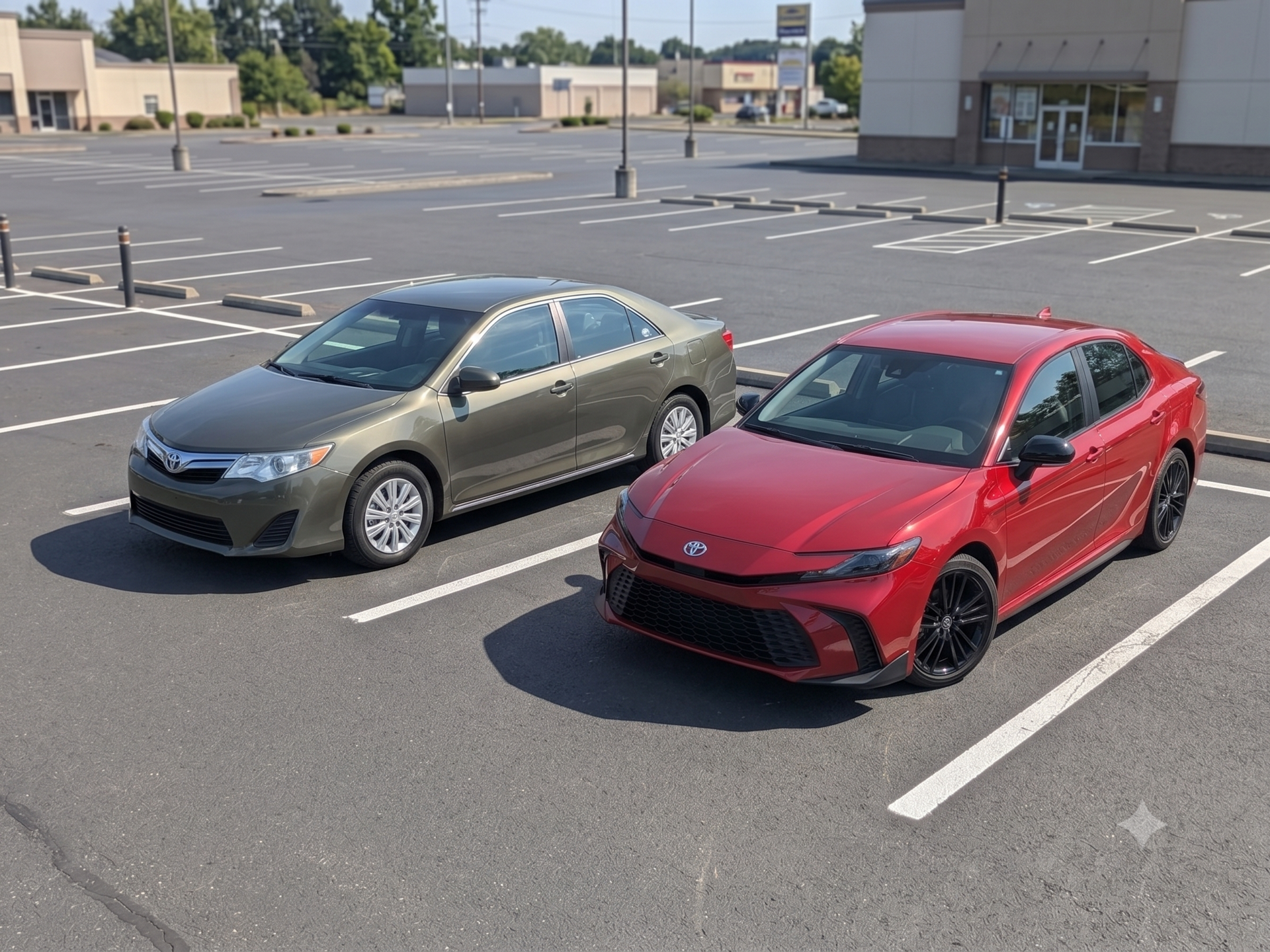 A 2014 Toyota Camry parked next to a 2026 Camry Nightshade