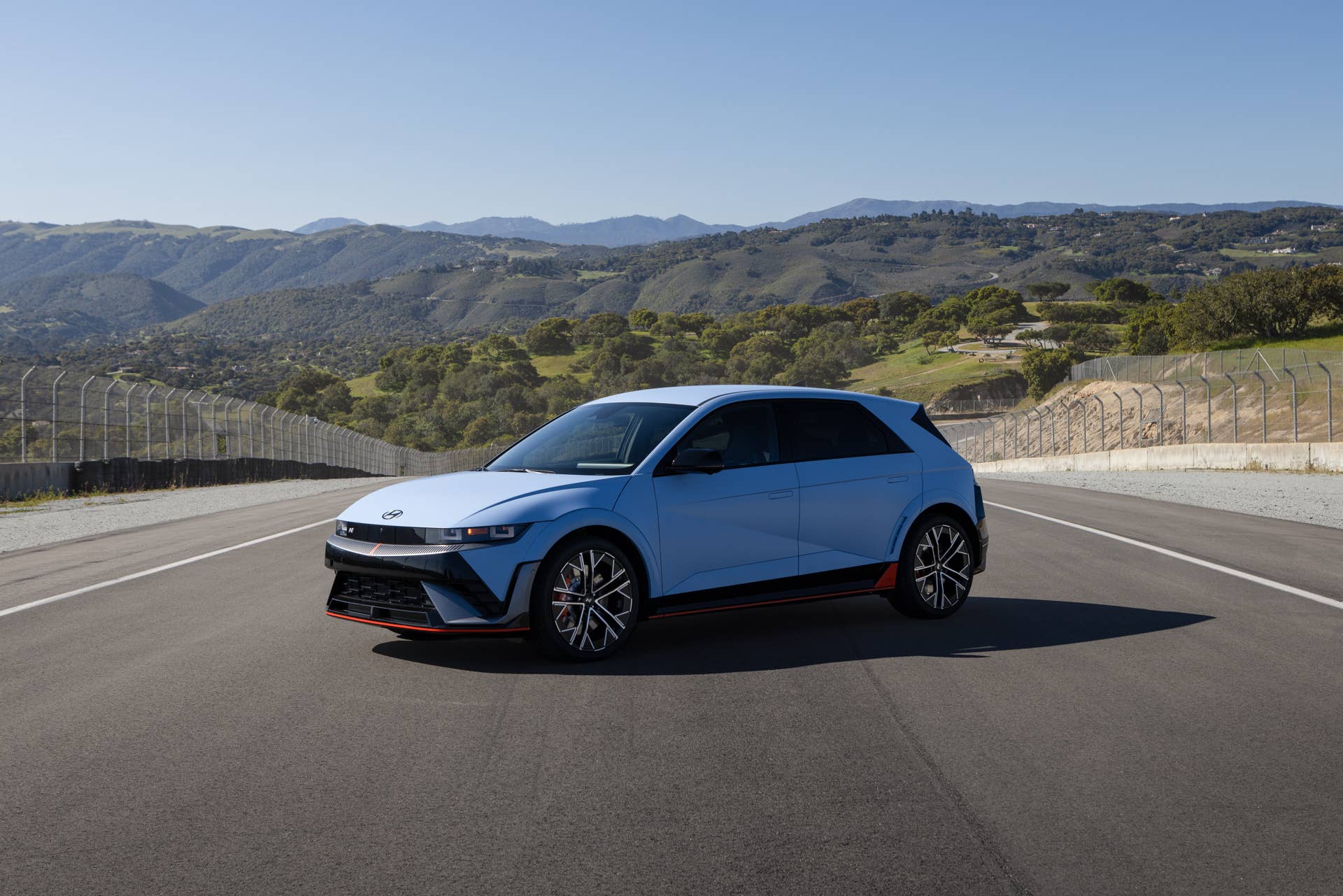 2025-2026 Hyundai Ioniq 5 N in Performance Blue font angled view