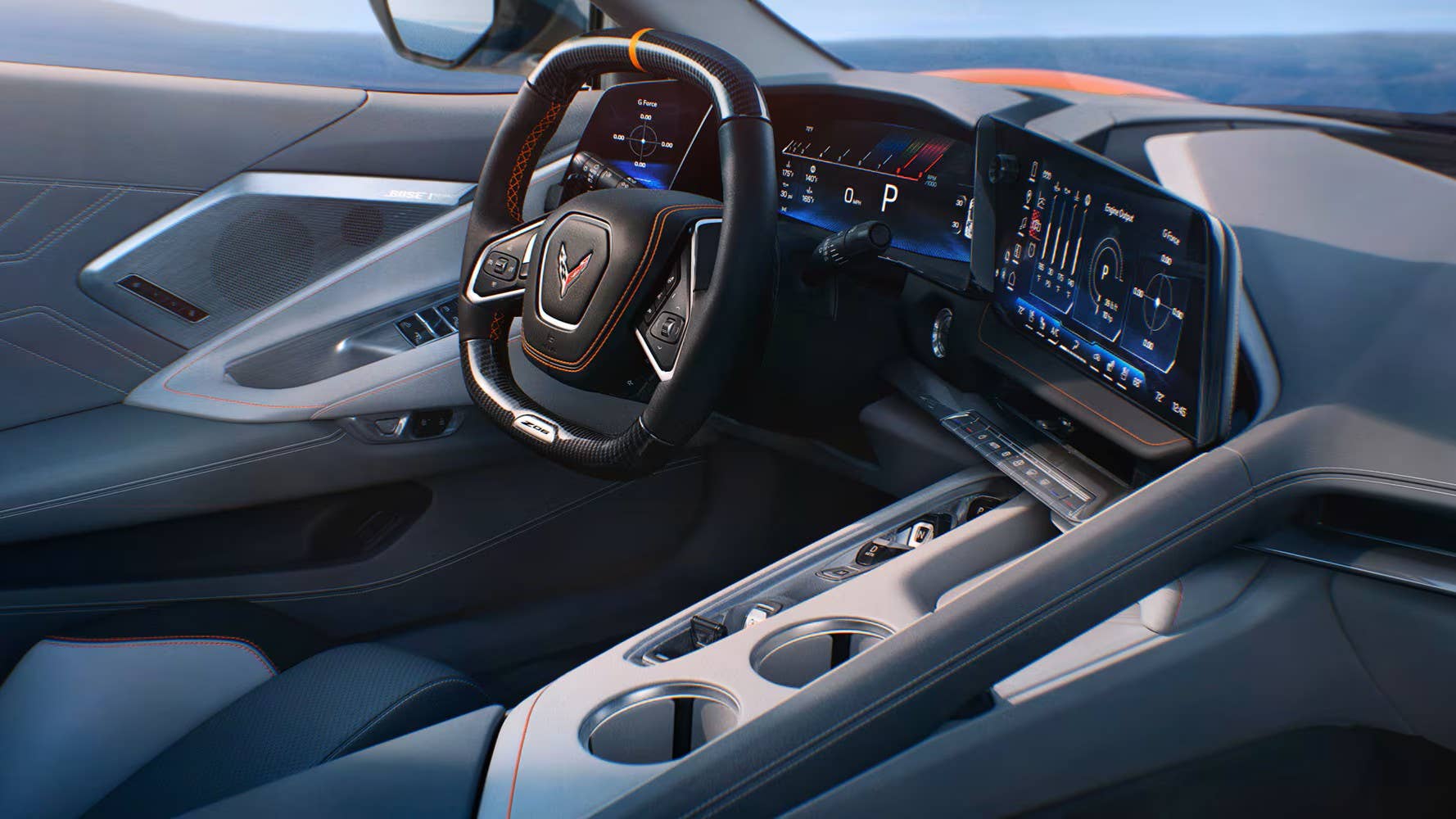 2026 Chevrolet Corvette Z06 Sky Cool and Medium Ash Gray interior front cabin