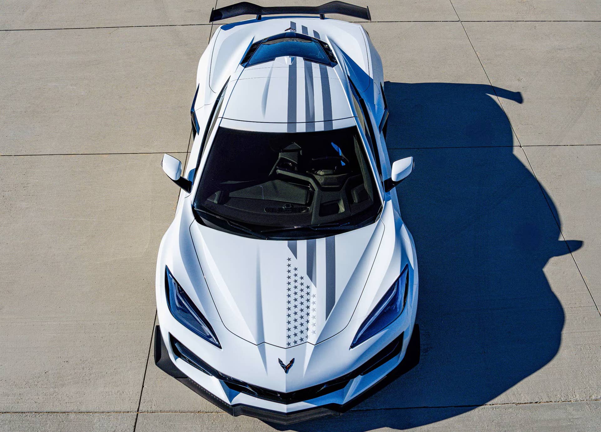 2026 Chevrolet Corvette Z06 Coupe Stars & Steel in Arctic White overhead front view
