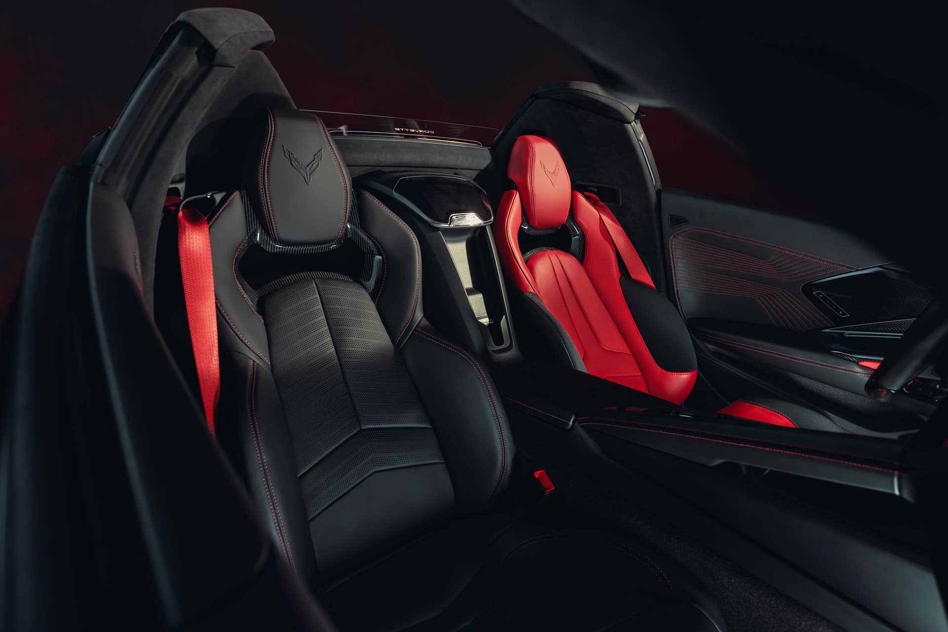 2026 Chevrolet Corvette ZR1X Convertible interior in Asymmetrical Adrenaline Red / Jet Black front seats
