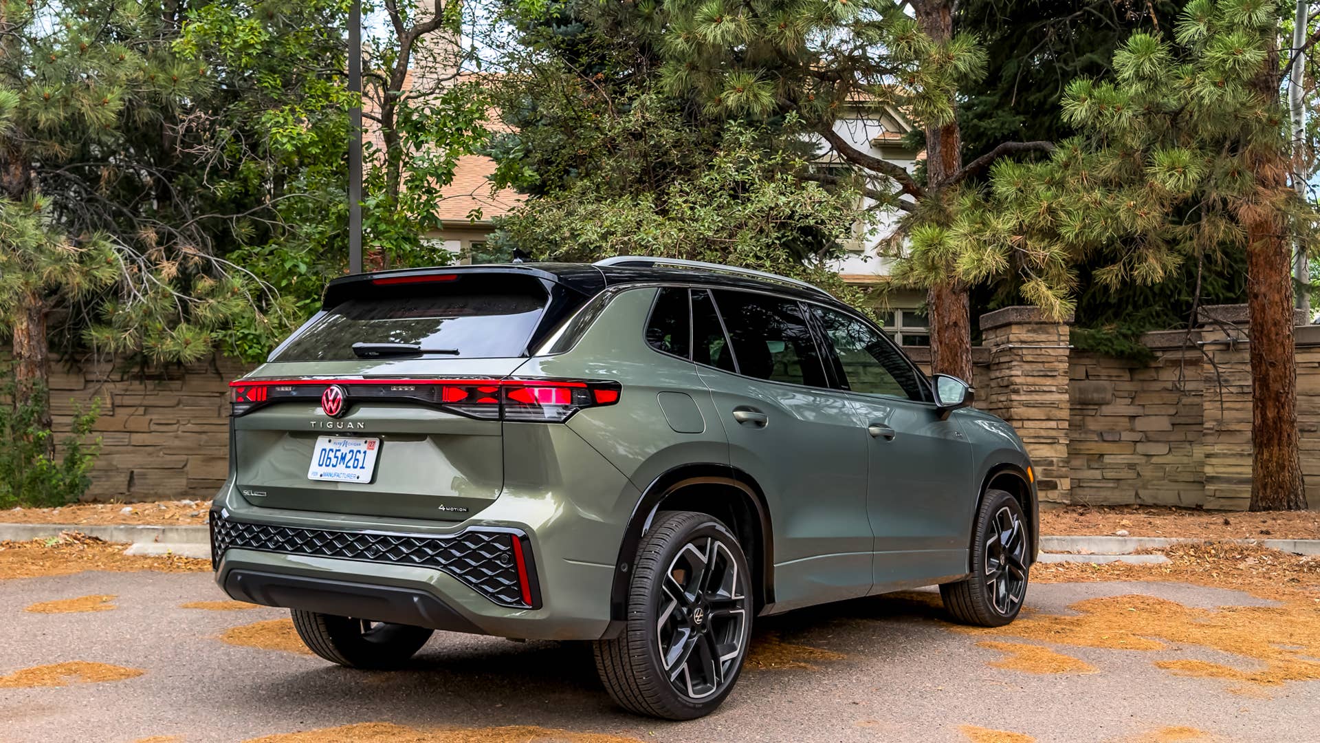 2026 Volkswagen Tiguan SEL R-Line Turbo in Avocado Green rear angled view