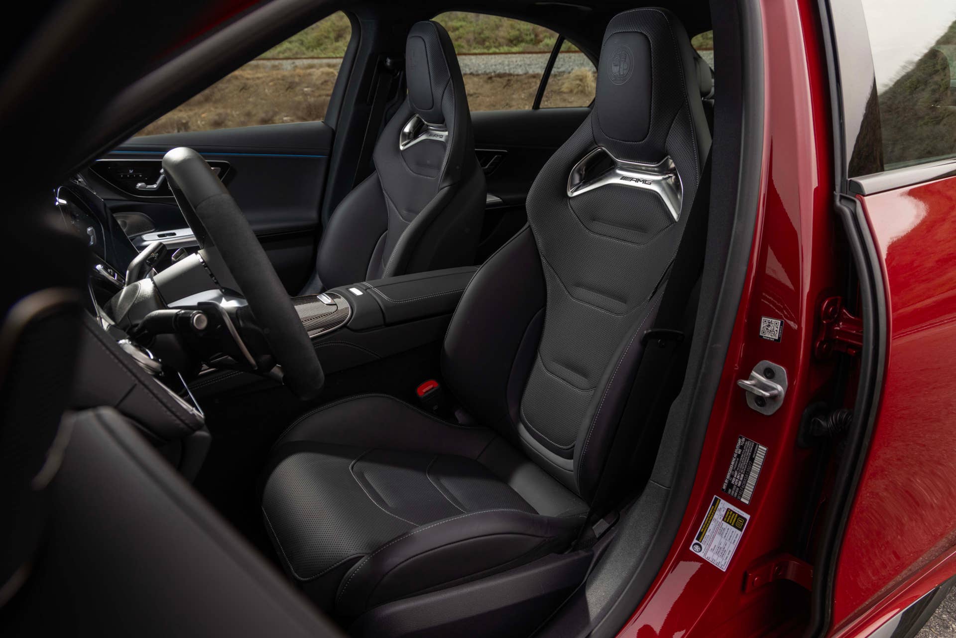 2026 Mercedes-AMG E 53 Sedan in Manufaktur Patagonia Red black interior front seats