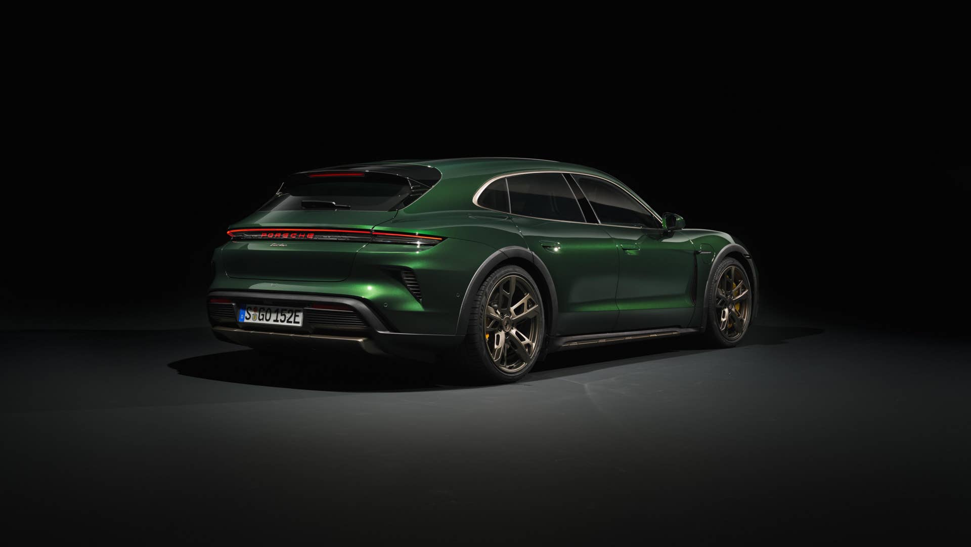 2026 Porsche Taycan Turbo Cross Turismo in green rear angled view