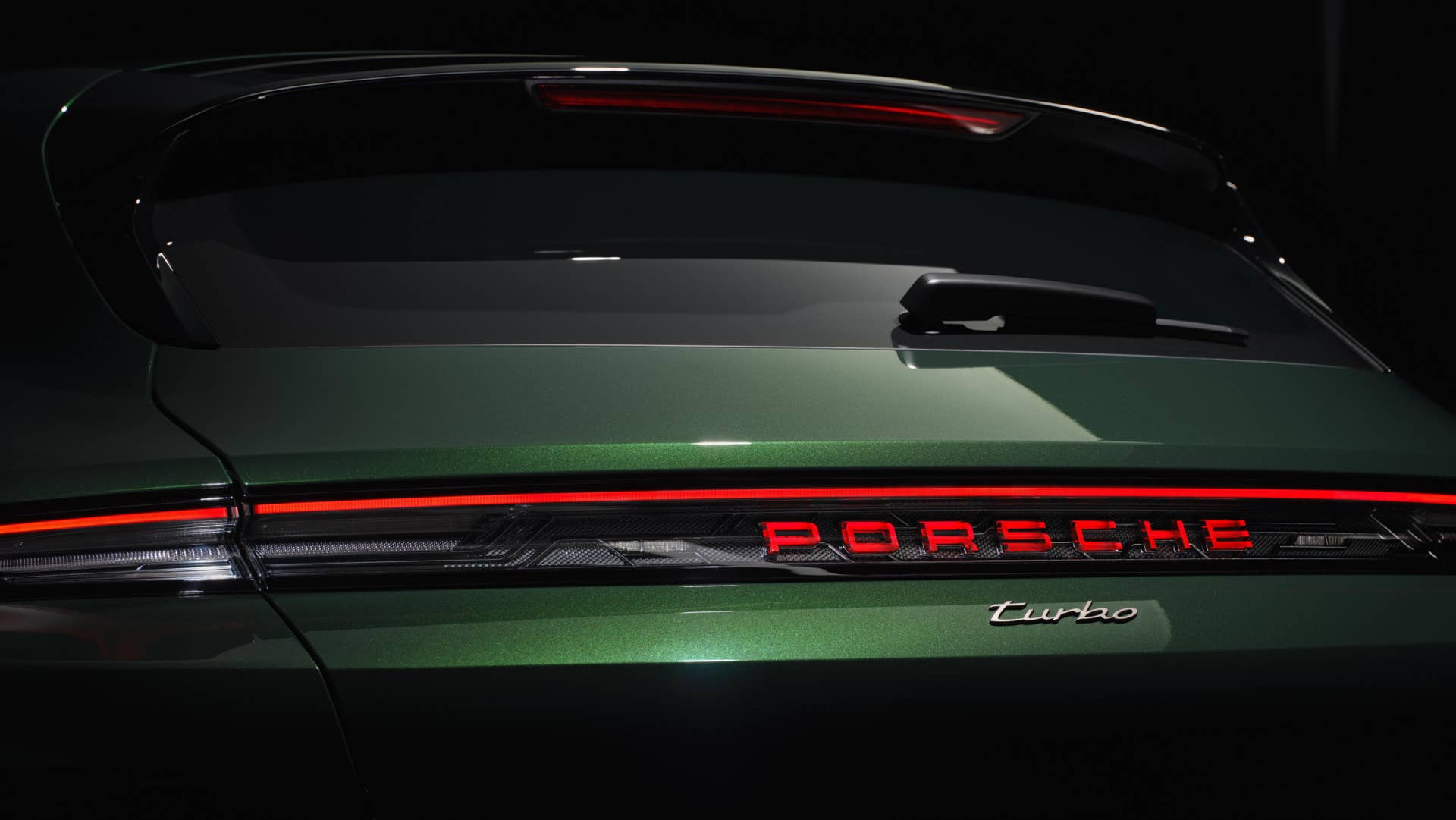 2026 Porsche Taycan Turbo Cross Turismo in green rear view closeup