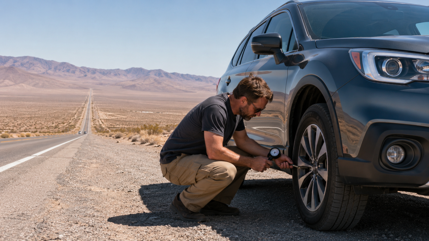 A driver checks tire pressure before crossing the Mojave Desert