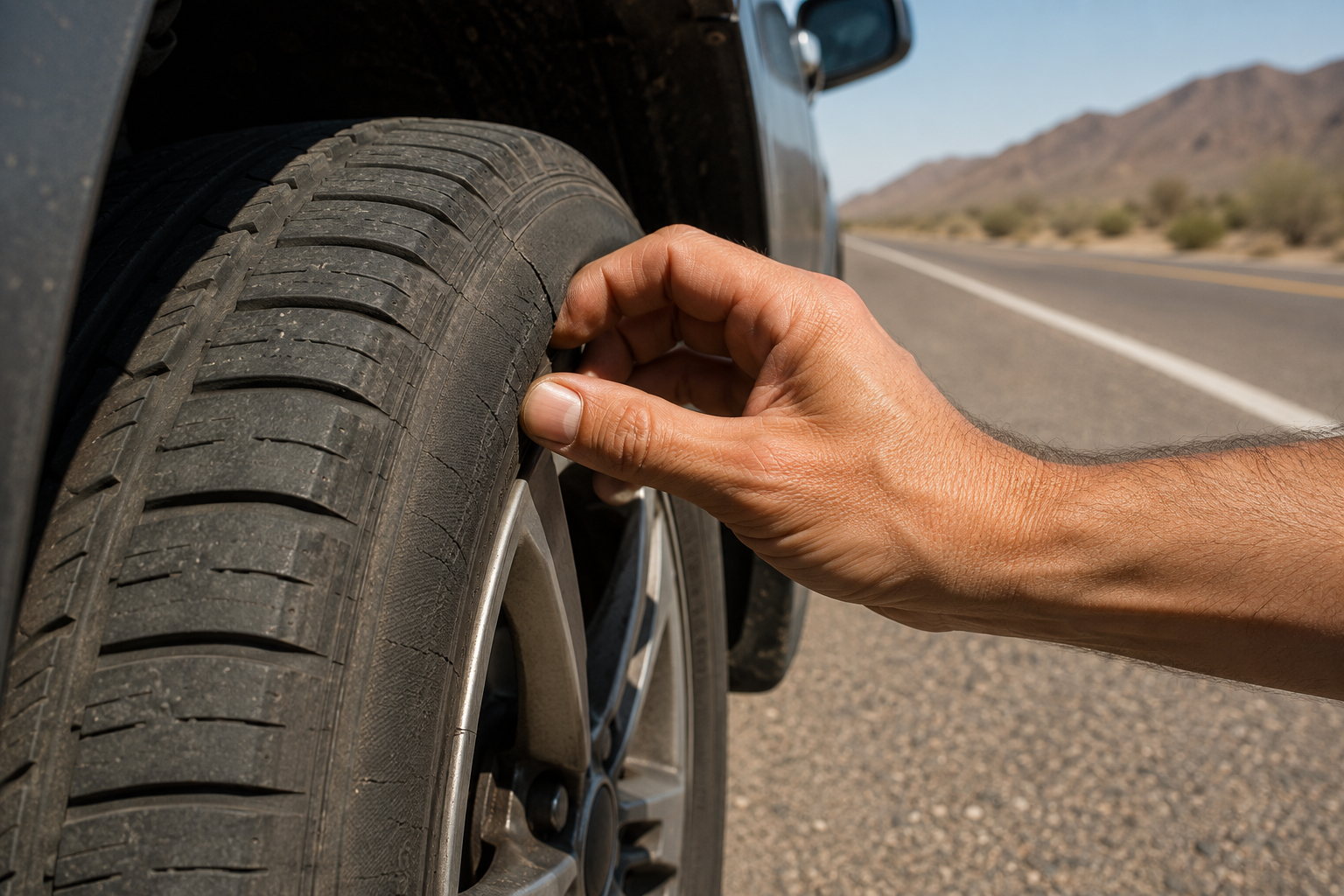 Inspecting an Aging Tire in Extreme Heat