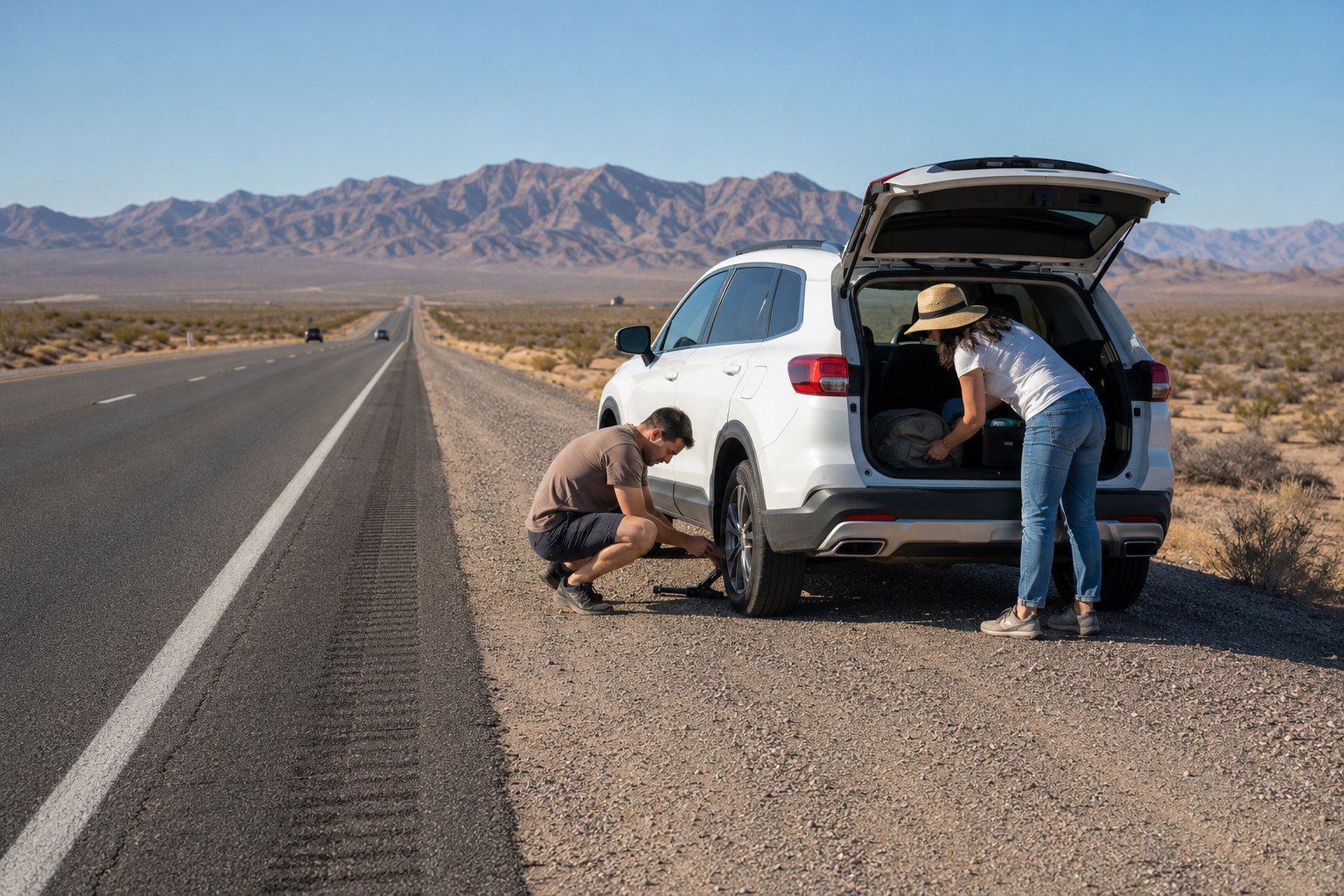 Roadside Tire Trouble on a Desert Interstate