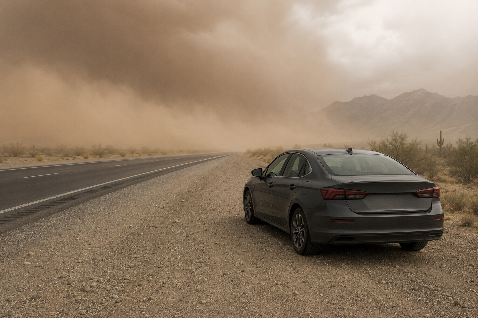 Desert highway under a dust storm