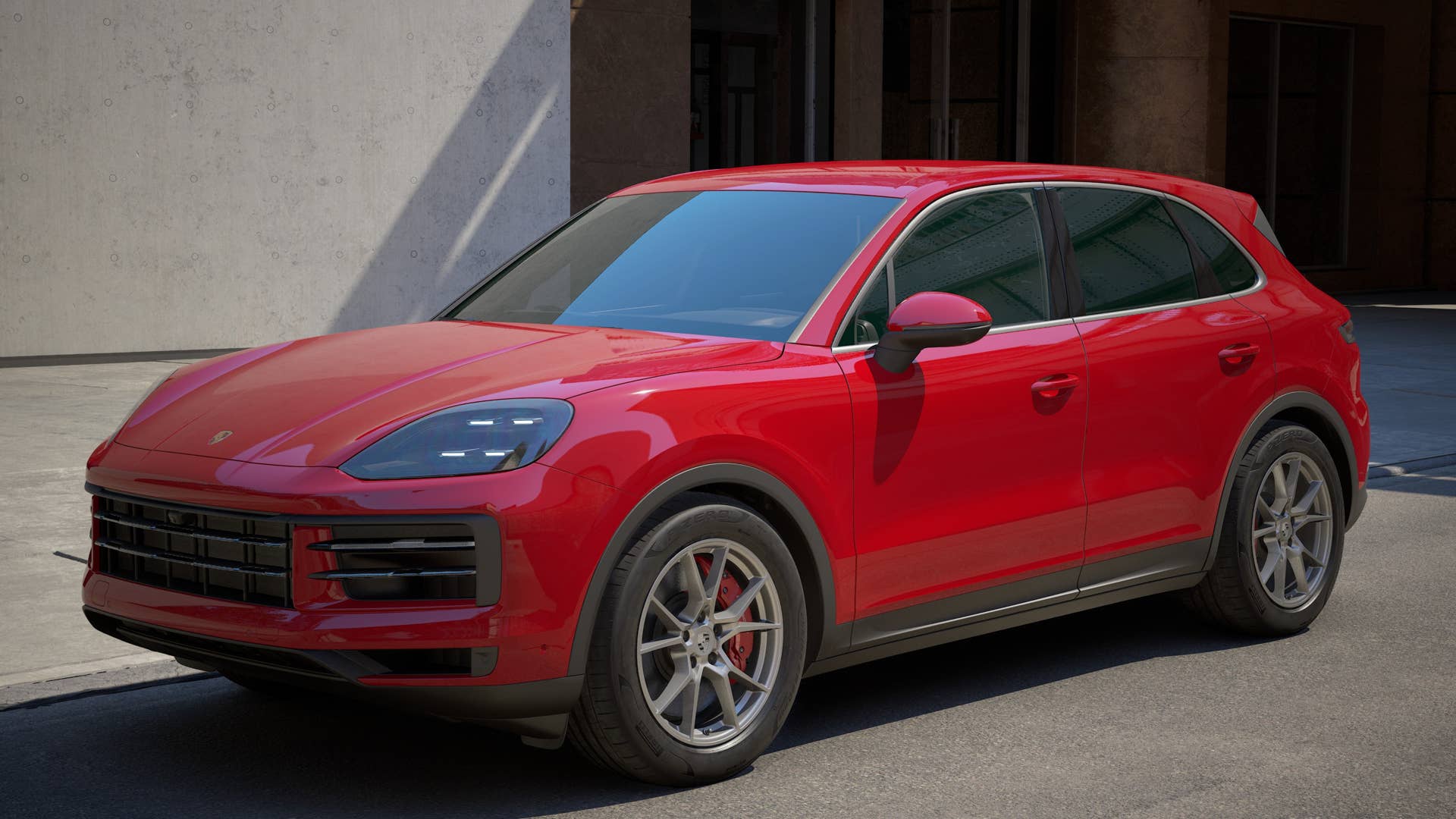 2027 Porsche Cayenne S SUV in Carmine Red font angled view