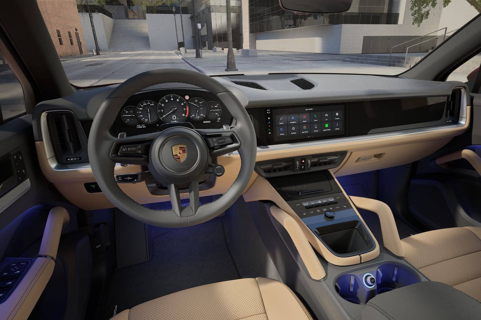 2027 Porsche Cayenne S Black and Mojave Beige interior front cabin