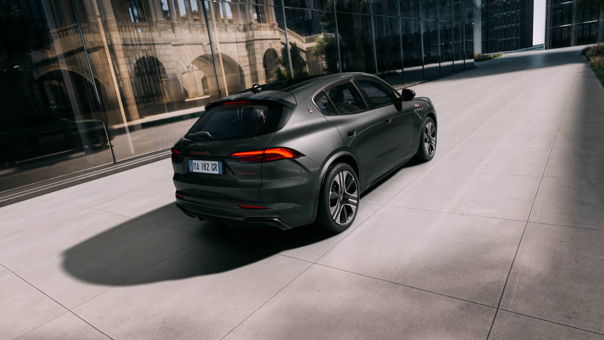2025-2026 Maserati Grecale Folgore in gray rear angled view