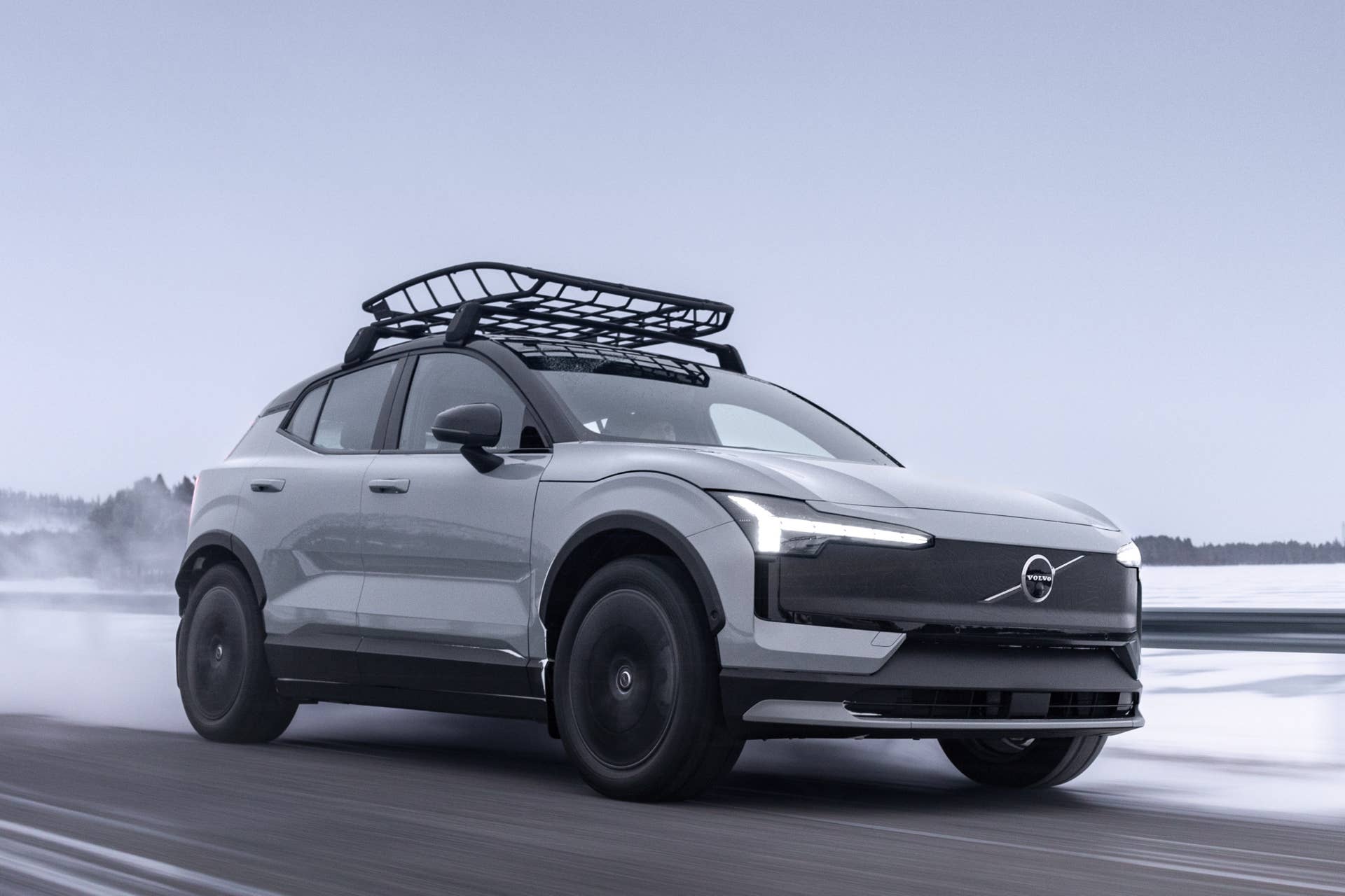 2026 Volvo EX30 Cross Country in gray front angled view driving