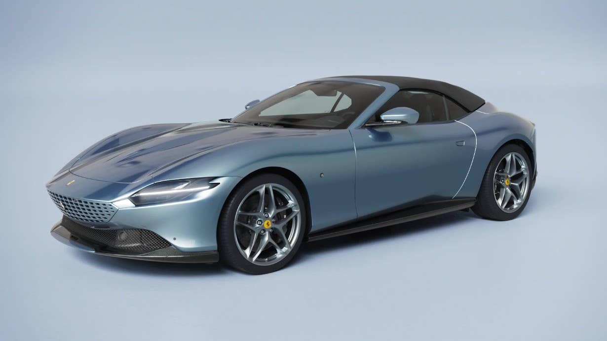 2025-2026 Ferrari Roma Spider in blue top up front angled view