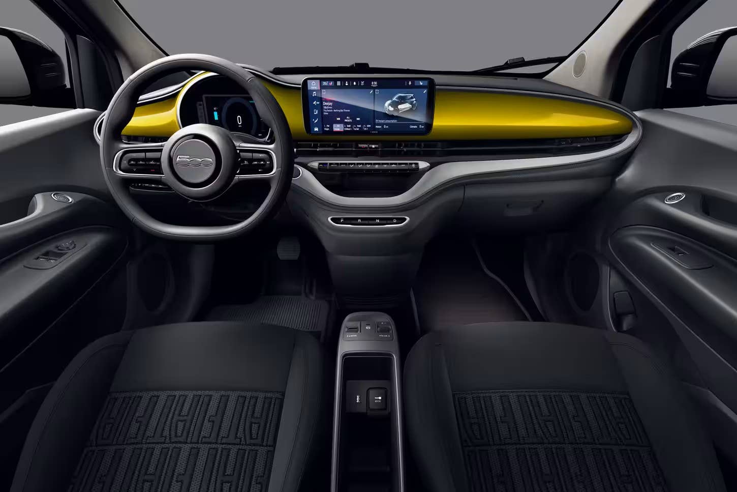 2026 Fiat 500e Pop interior with Miami Sunset color-coded dashboard