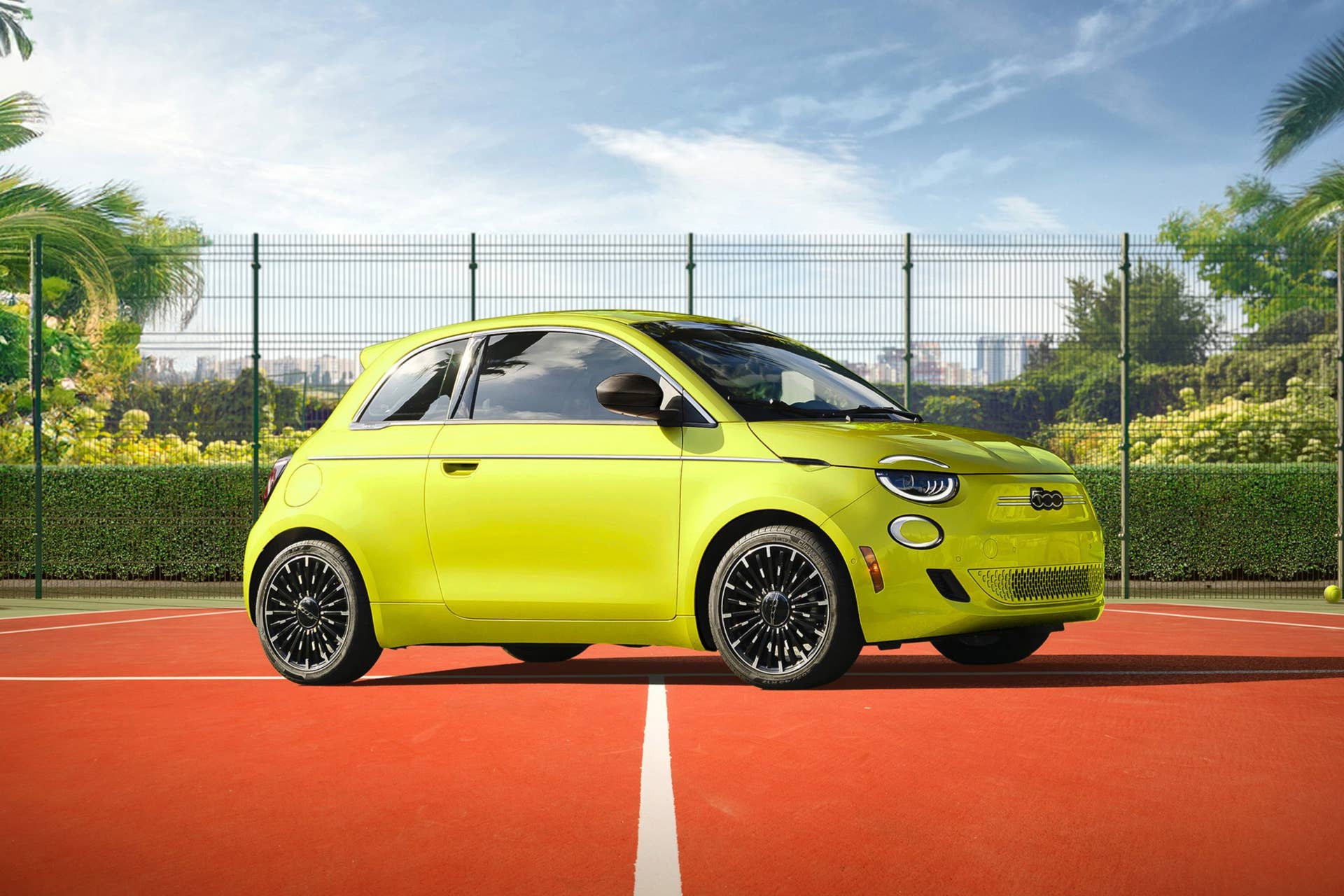 2026 Fiat 500e Icona in Tennis Ball front angled view
