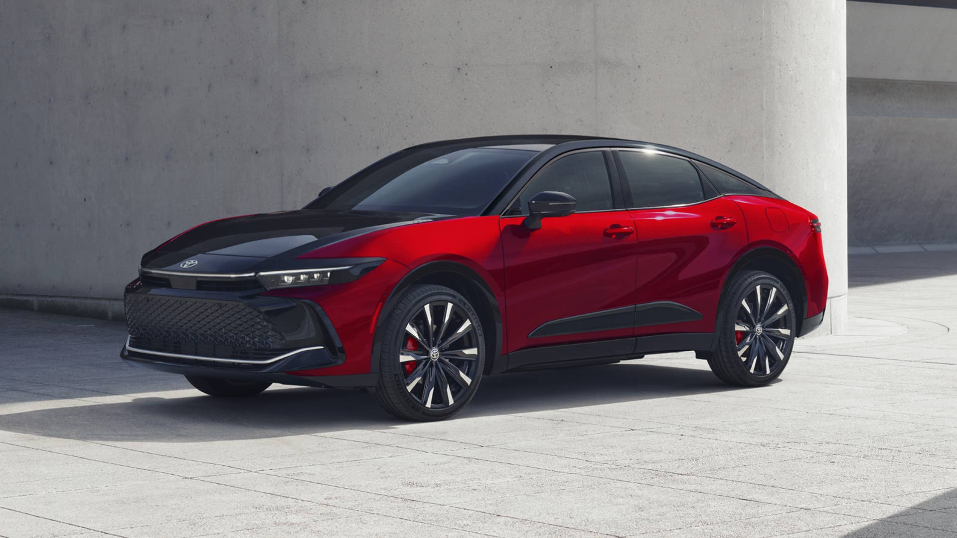 2027 Toyota Crown in red and black front angled view