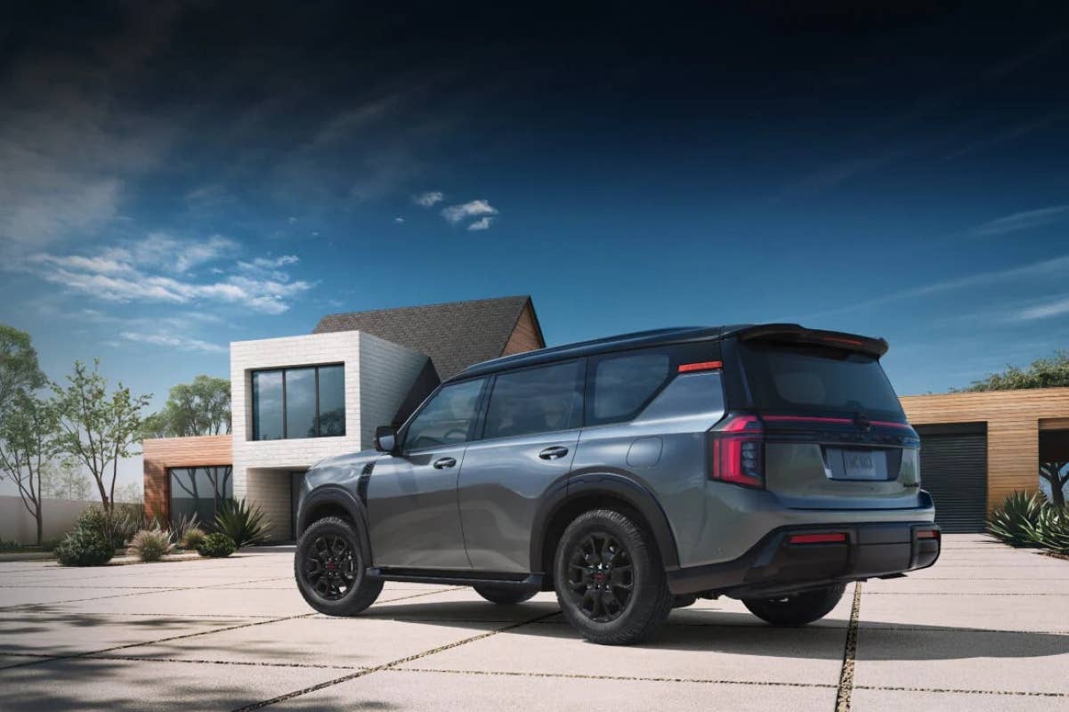 2026 Nissan Armada Pro-4X in Gun Metallic rear angled view