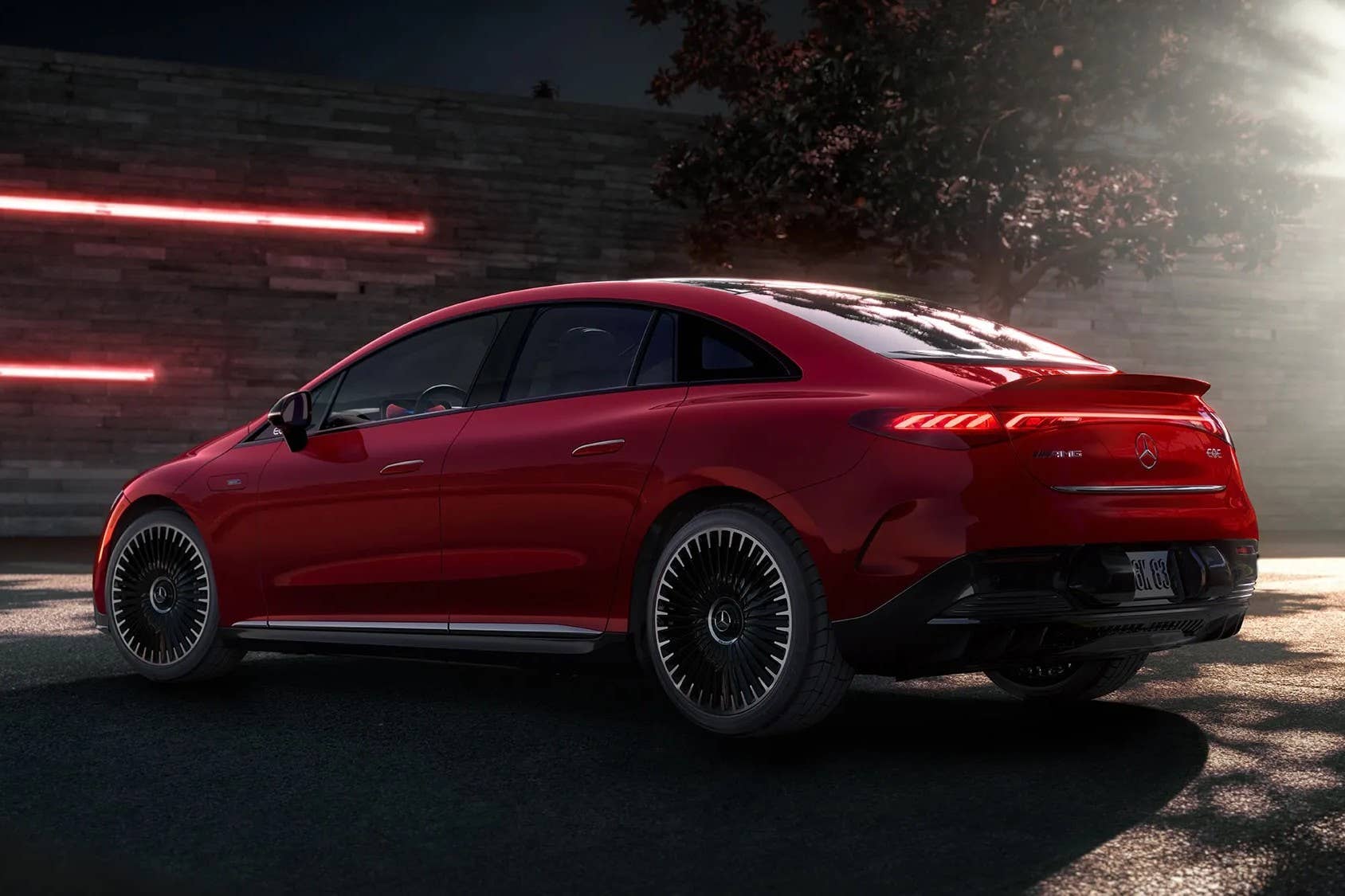 2026 Mercedes-AMG EQE in red rear angled view