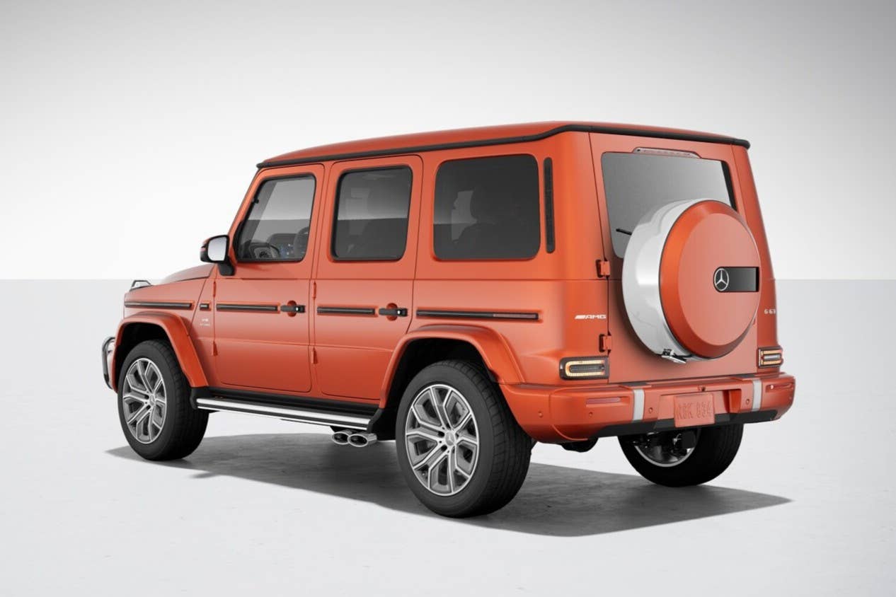 2026-2027 Mercedes-AMG G 63 in Manufaktur Copper Orange Magno rear angled view