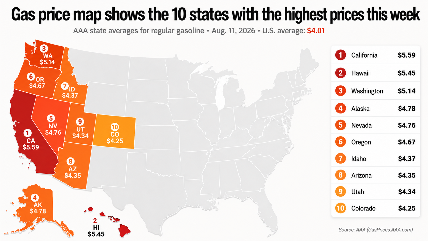 Gas Price Map Shows 10 States Where Drivers Are Paying the Most This ...