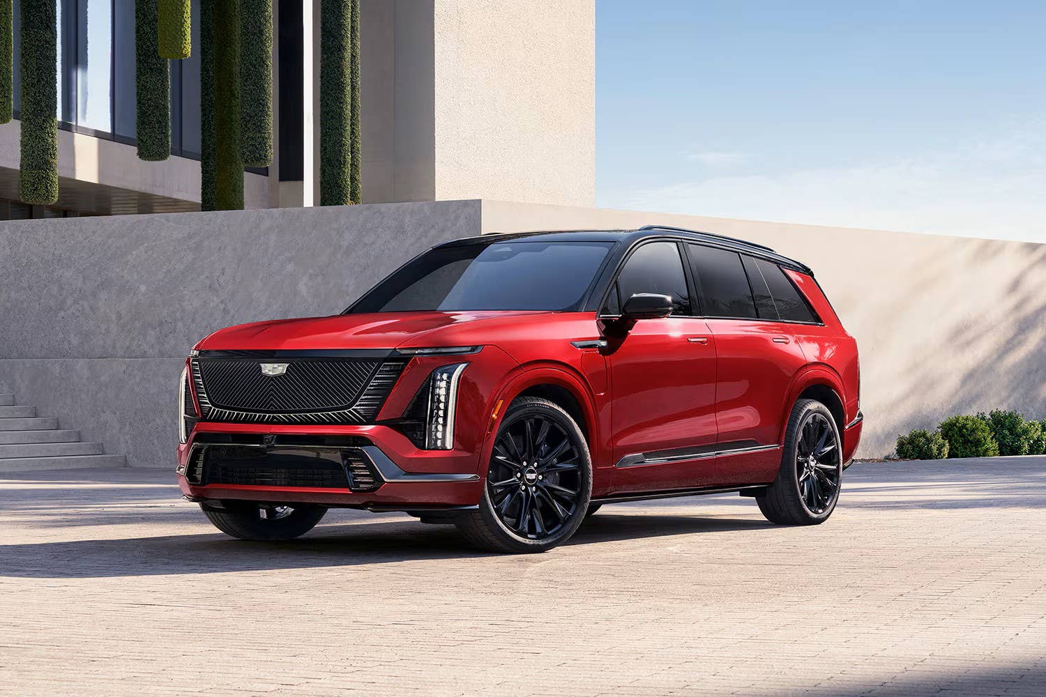 2027 Cadillac Vistiq Platinum in Radiant Red Tintcoat front angled view
