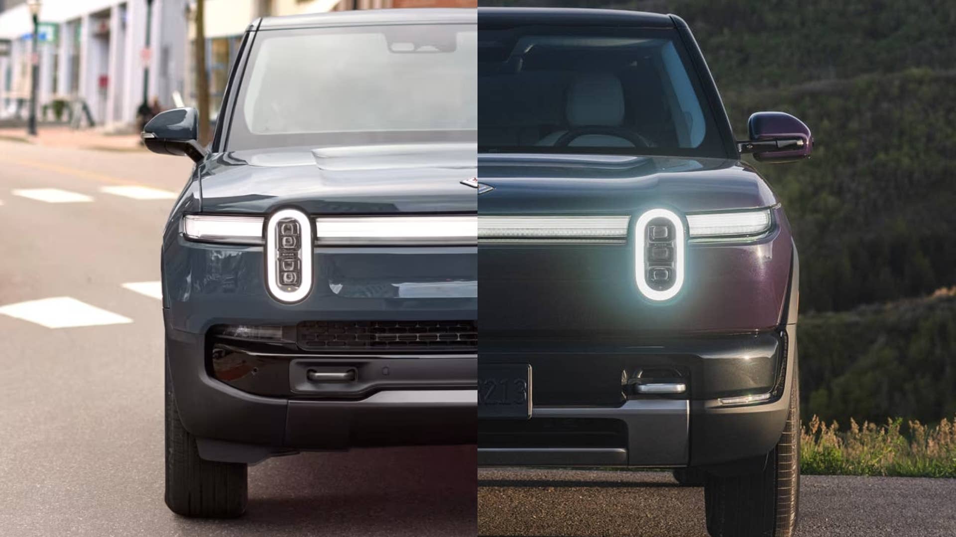 2027 Rivian R2 and Rivian R1S front ends compared side by side