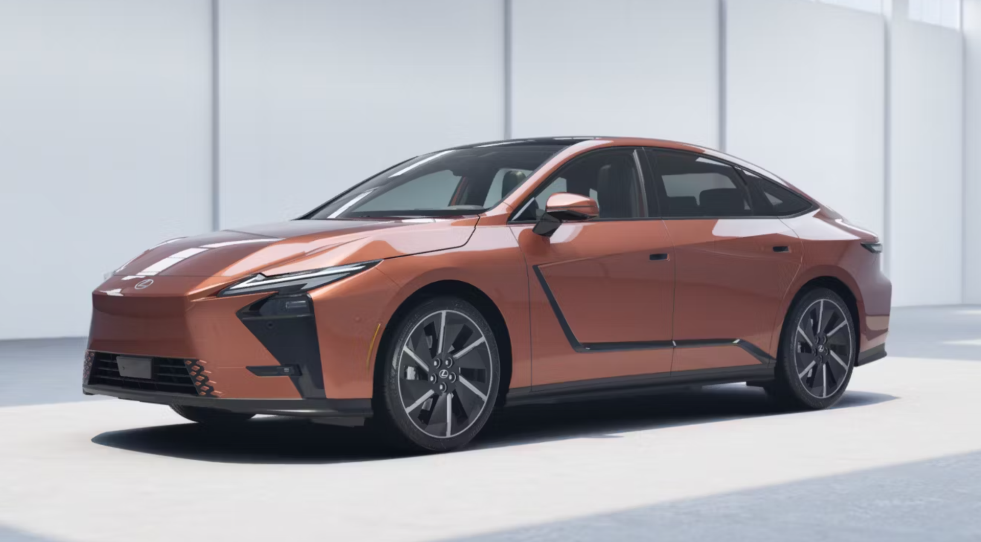 2026 Lexus ES 500e Luxury AWD in Copper Crest front angled view
