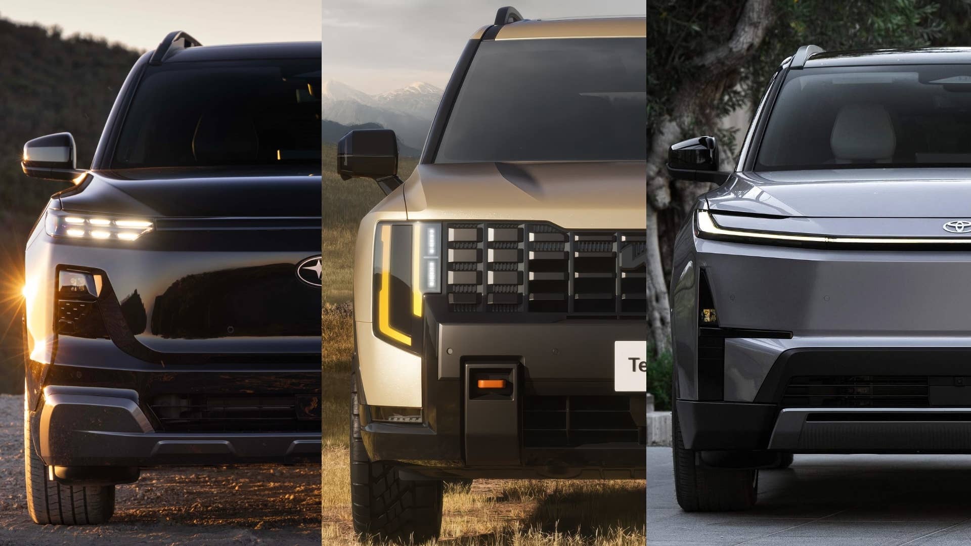 Three 2027 SUV redesigns front-on: Subaru Getaway, Kia Telluride and Toyota Highlander